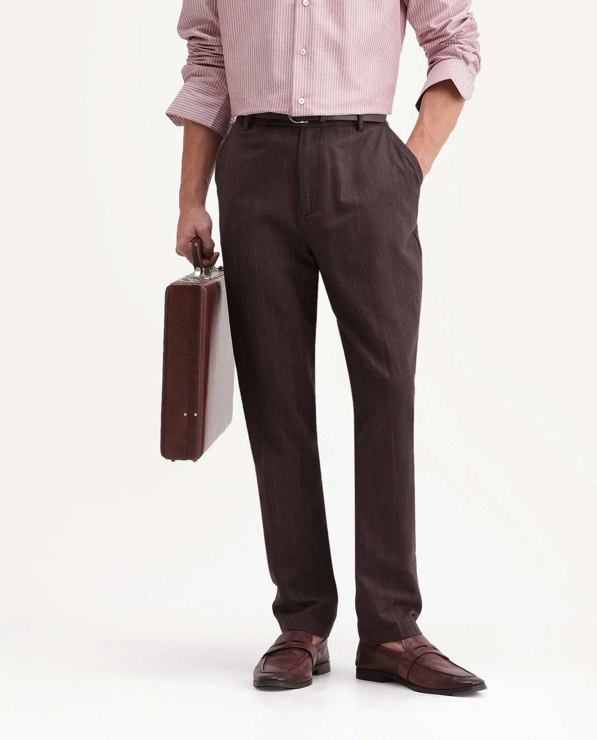 Rare Rabbit Men's Jlo-A26 Dusky Brown Linen Blend Button And Zip Regular Striped Trouser