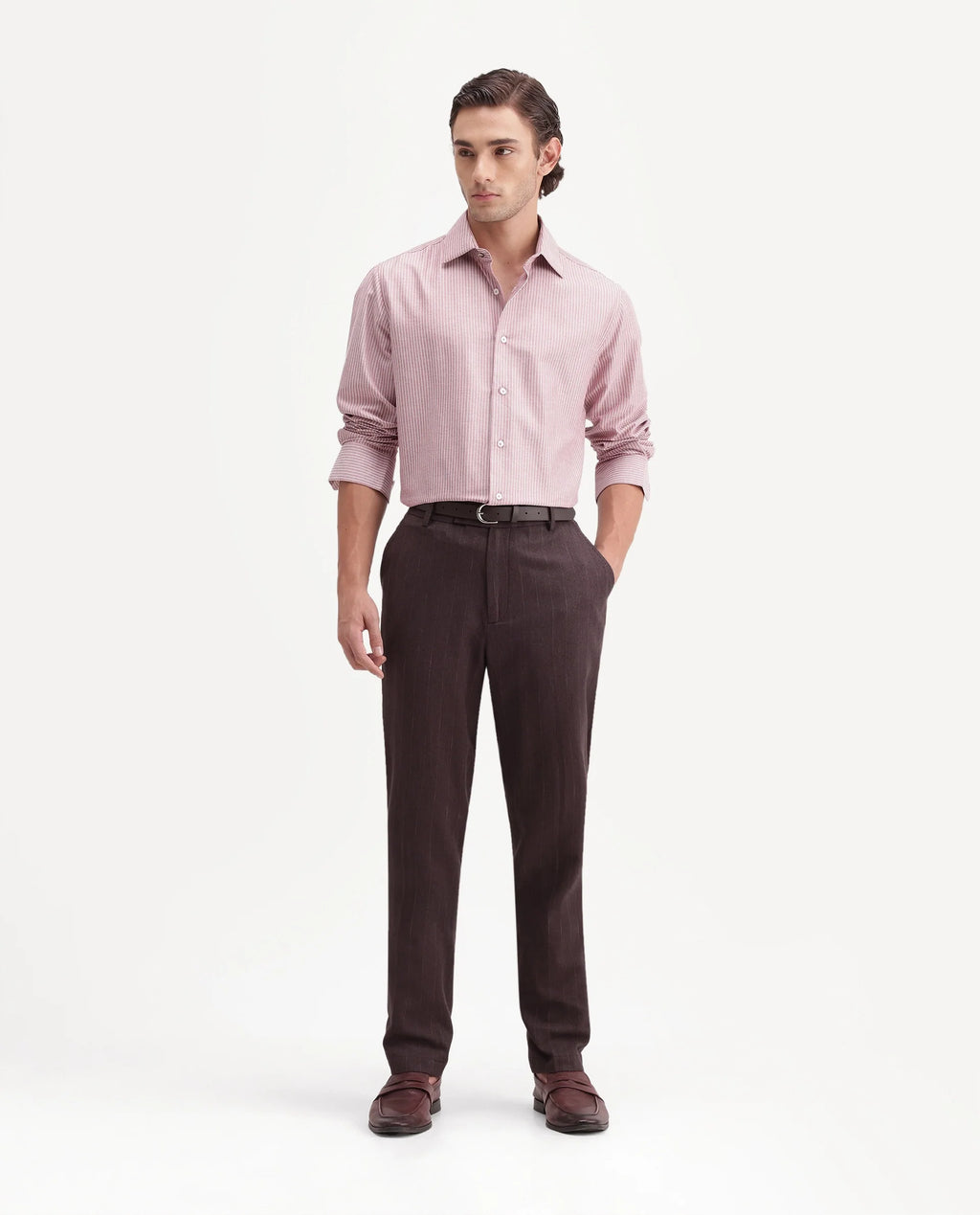 Rare Rabbit Men's Jlo-A26 Dusky Brown Linen Blend Button And Zip Regular Striped Trouser
