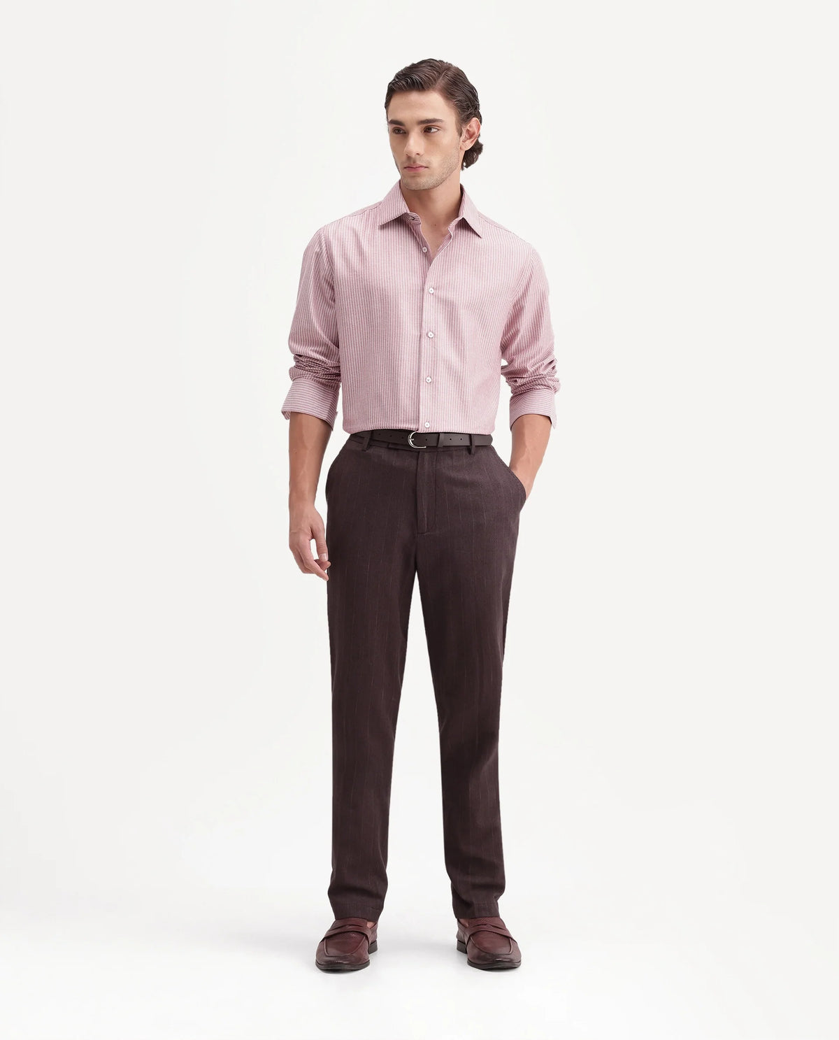 Rare Rabbit Men's Jlo-A26 Dusky Brown Linen Blend Button And Zip Regular Striped Trouser