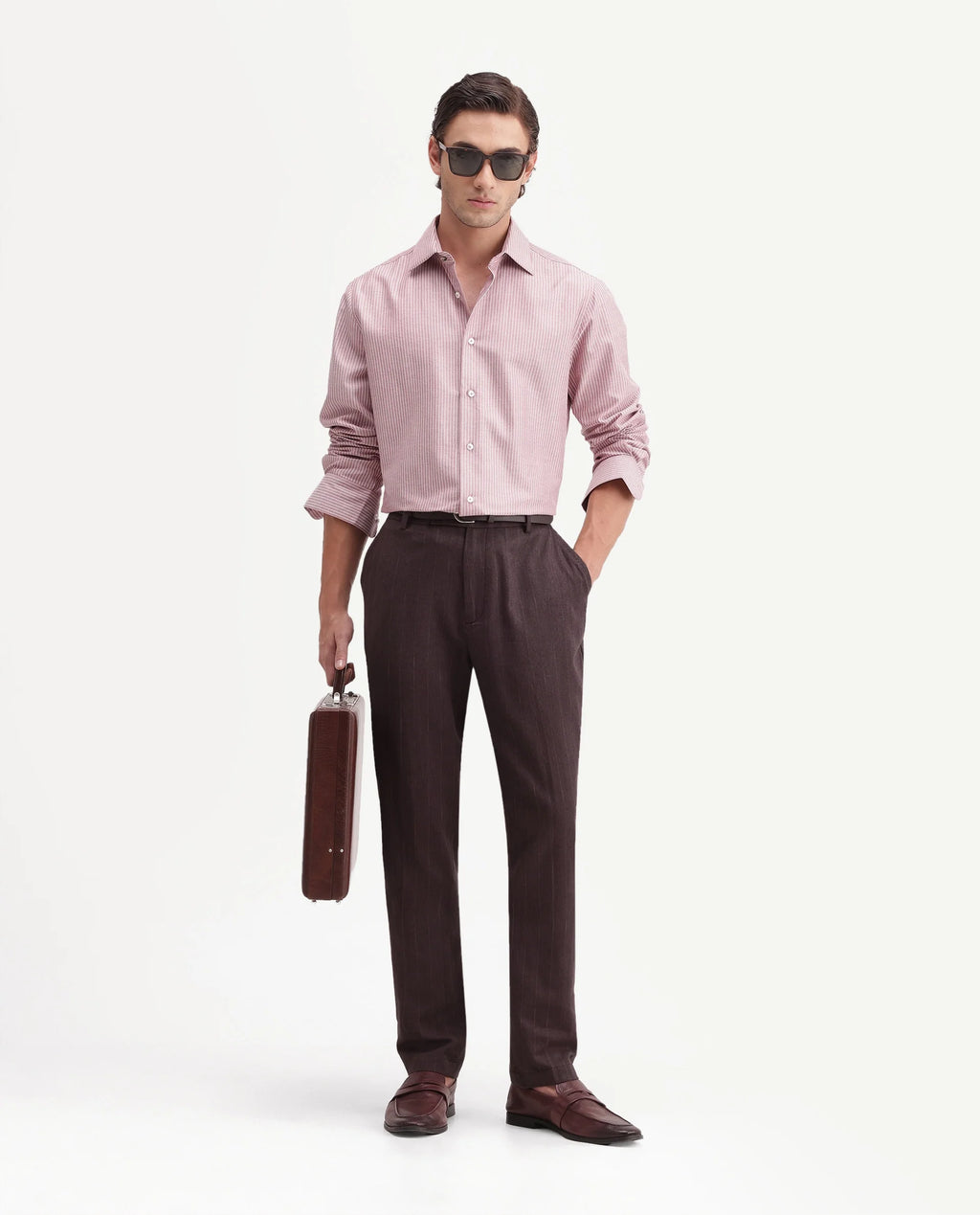 Rare Rabbit Men's Jlo-A26 Dusky Brown Linen Blend Button And Zip Regular Striped Trouser