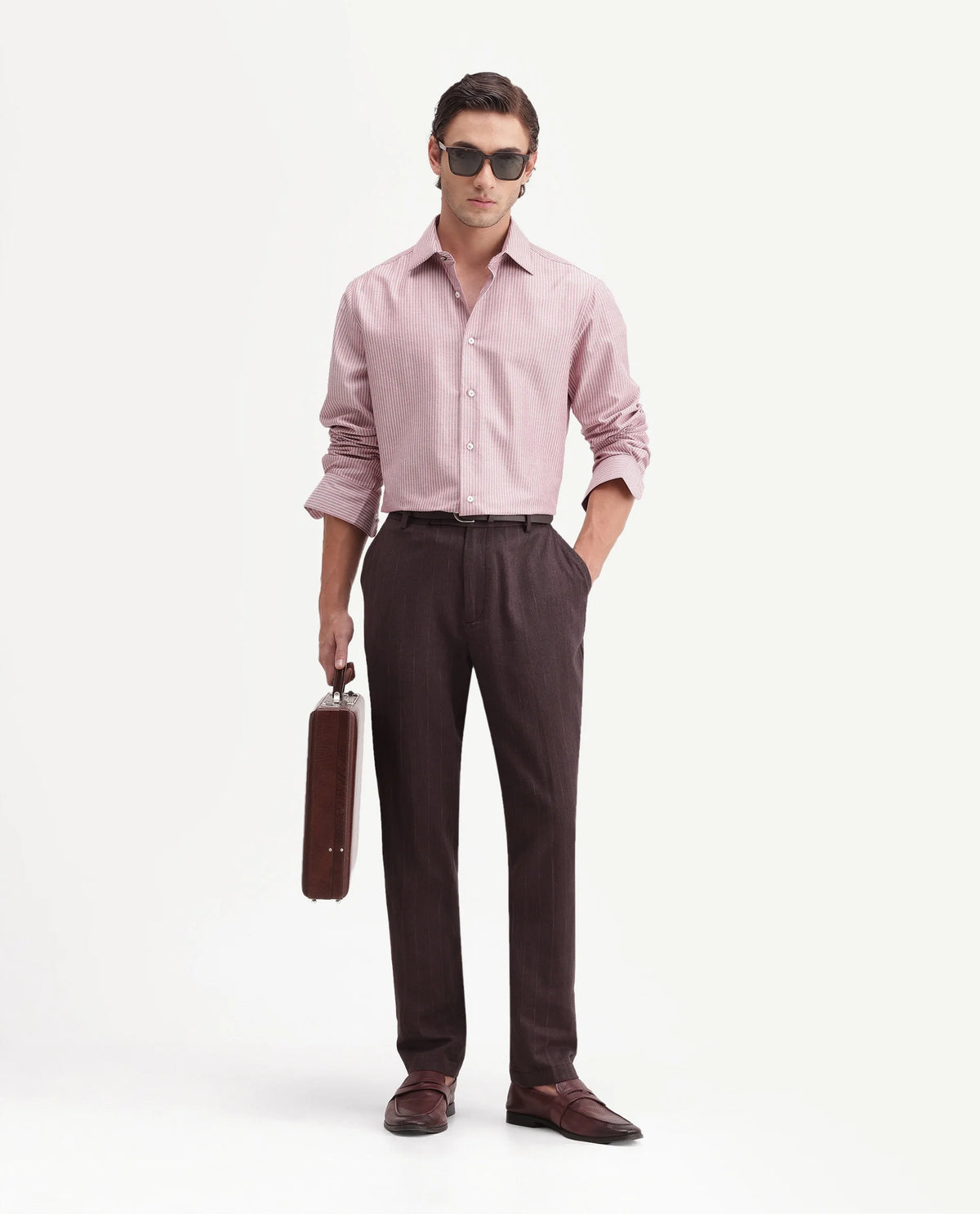 Rare Rabbit Men's Jlo-A26 Dusky Brown Linen Blend Button And Zip Regular Striped Trouser