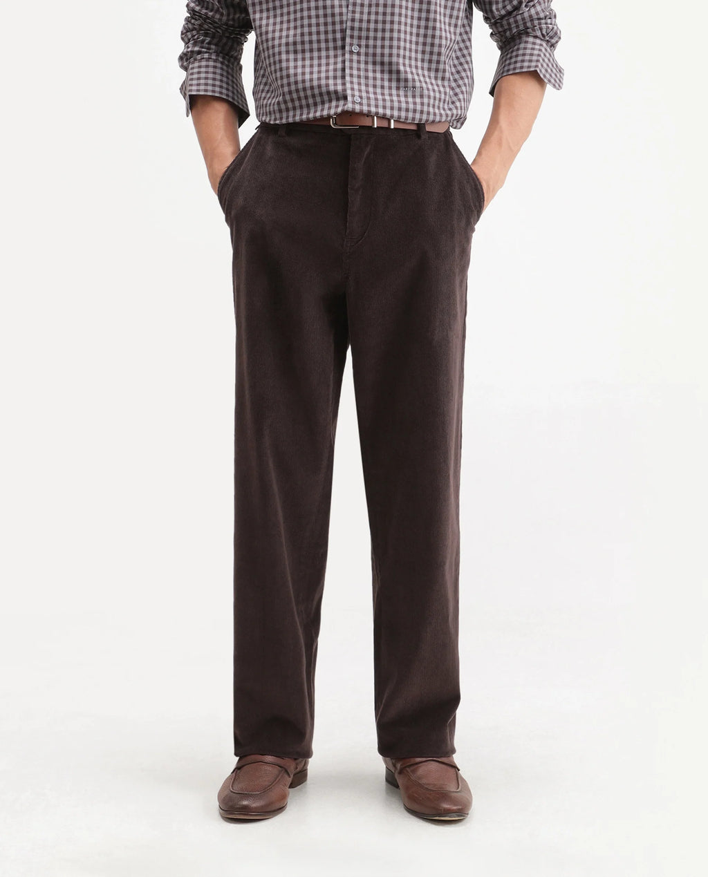 Rare Rabbit Men's Cordo Dark Brown Cotton Blend Button And Zip Regular Plain Trouser