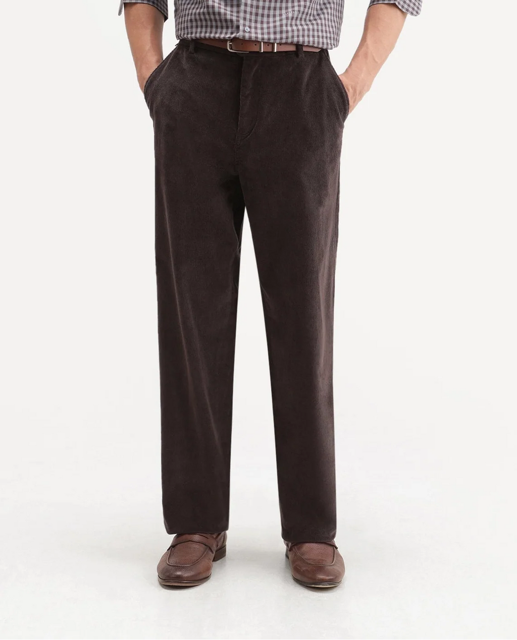 Rare Rabbit Men's Cordo Dark Brown Cotton Blend Button And Zip Regular Plain Trouser
