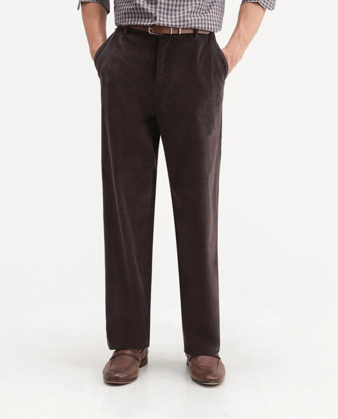 Rare Rabbit Men's Cordo Dark Brown Cotton Blend Button And Zip Regular Plain Trouser