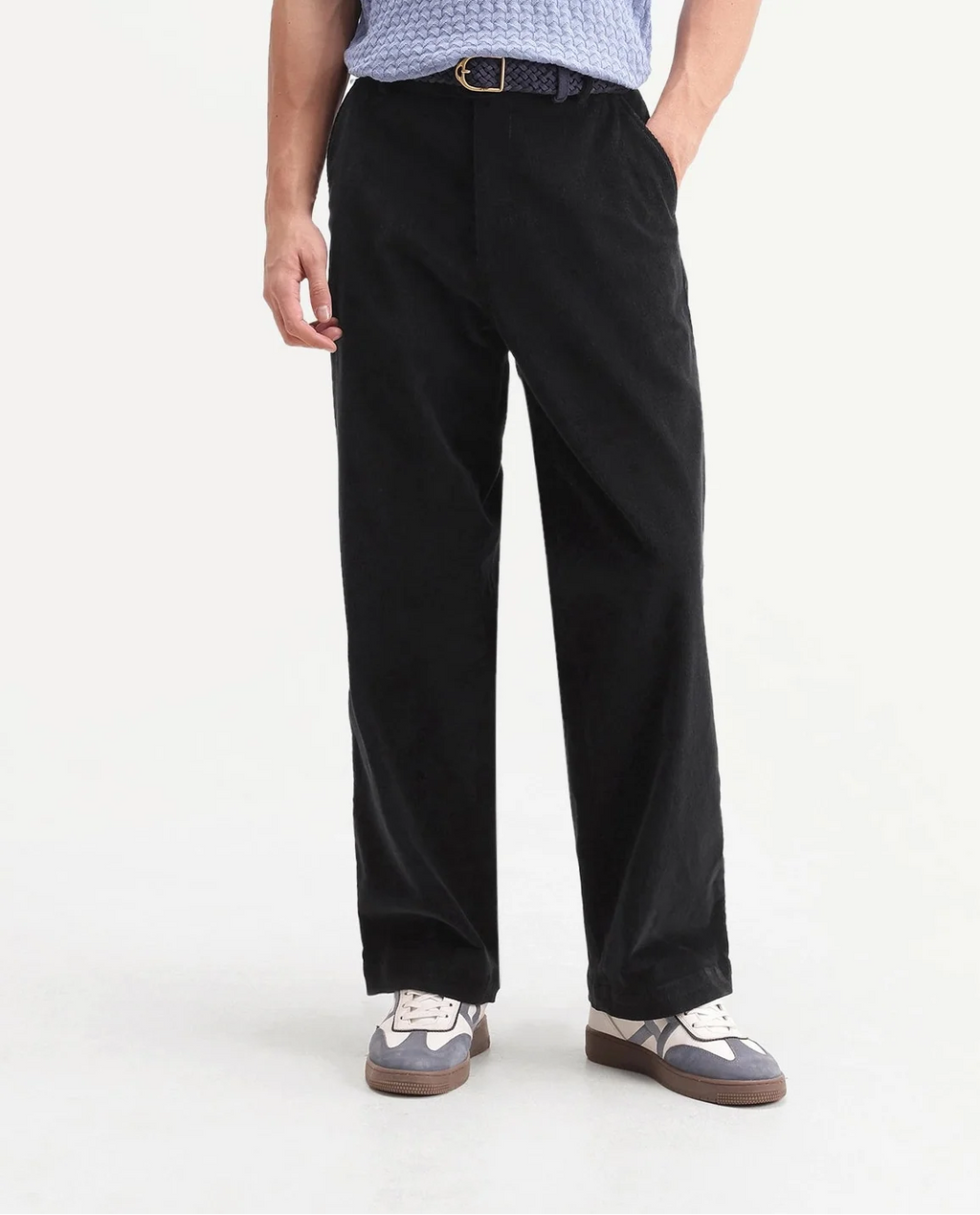 Rare Rabbit Men's Cordo Primary Black Cotton Blend Button And Zip Regular Plain Trouser
