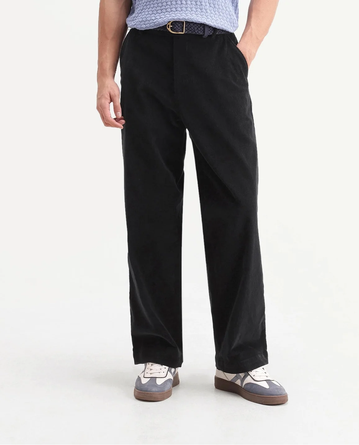 Rare Rabbit Men's Cordo Primary Black Cotton Blend Button And Zip Regular Plain Trouser