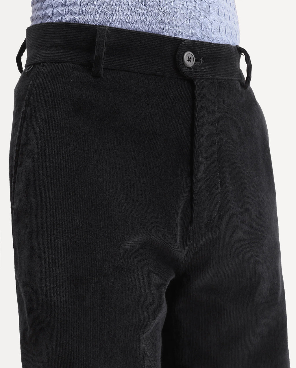 Rare Rabbit Men's Cordo Primary Black Cotton Blend Button And Zip Regular Plain Trouser