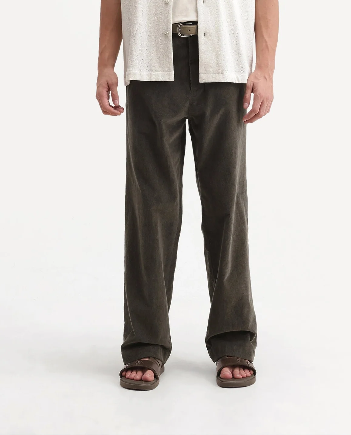 Rare Rabbit Men's Cordo Primary Olive Cotton Blend Button And Zip Regular Plain Trouser