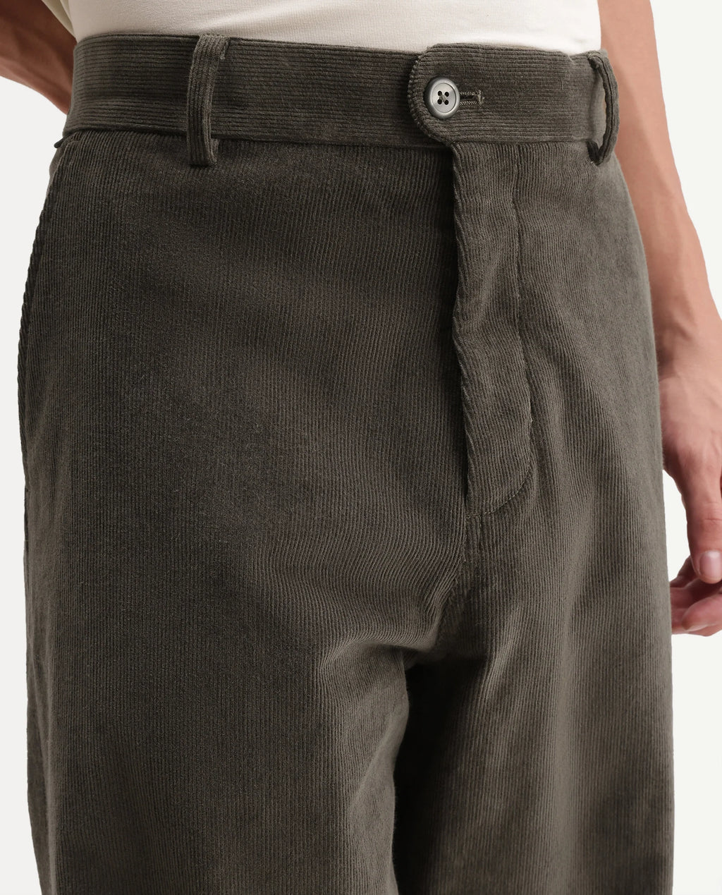 Rare Rabbit Men's Cordo Primary Olive Cotton Blend Button And Zip Regular Plain Trouser
