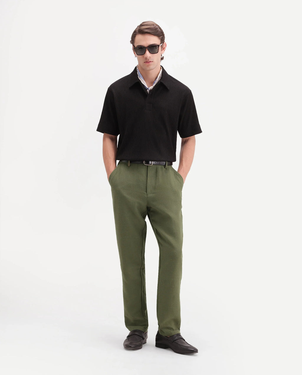 Rare Rabbit Men's Cira-B Dark Green Cotton Blend Button And Zip Regular Fit Plain Trouser