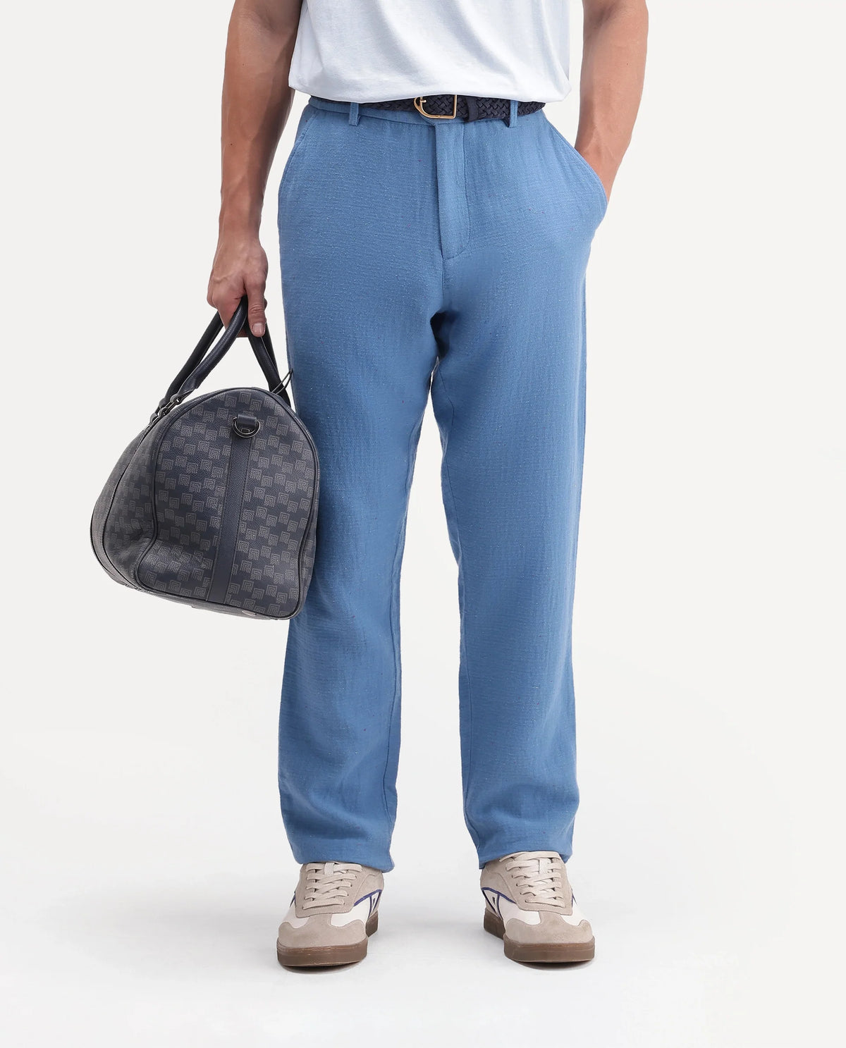 Rare Rabbit Men's Cira-B Blue Cotton Blend Button And Zip Regular Fit Plain Trouser