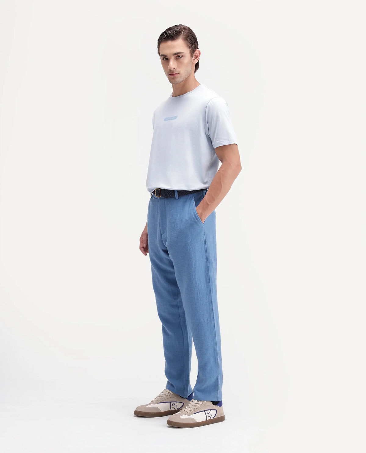 Rare Rabbit Men's Cira-B Blue Cotton Blend Button And Zip Regular Fit Plain Trouser