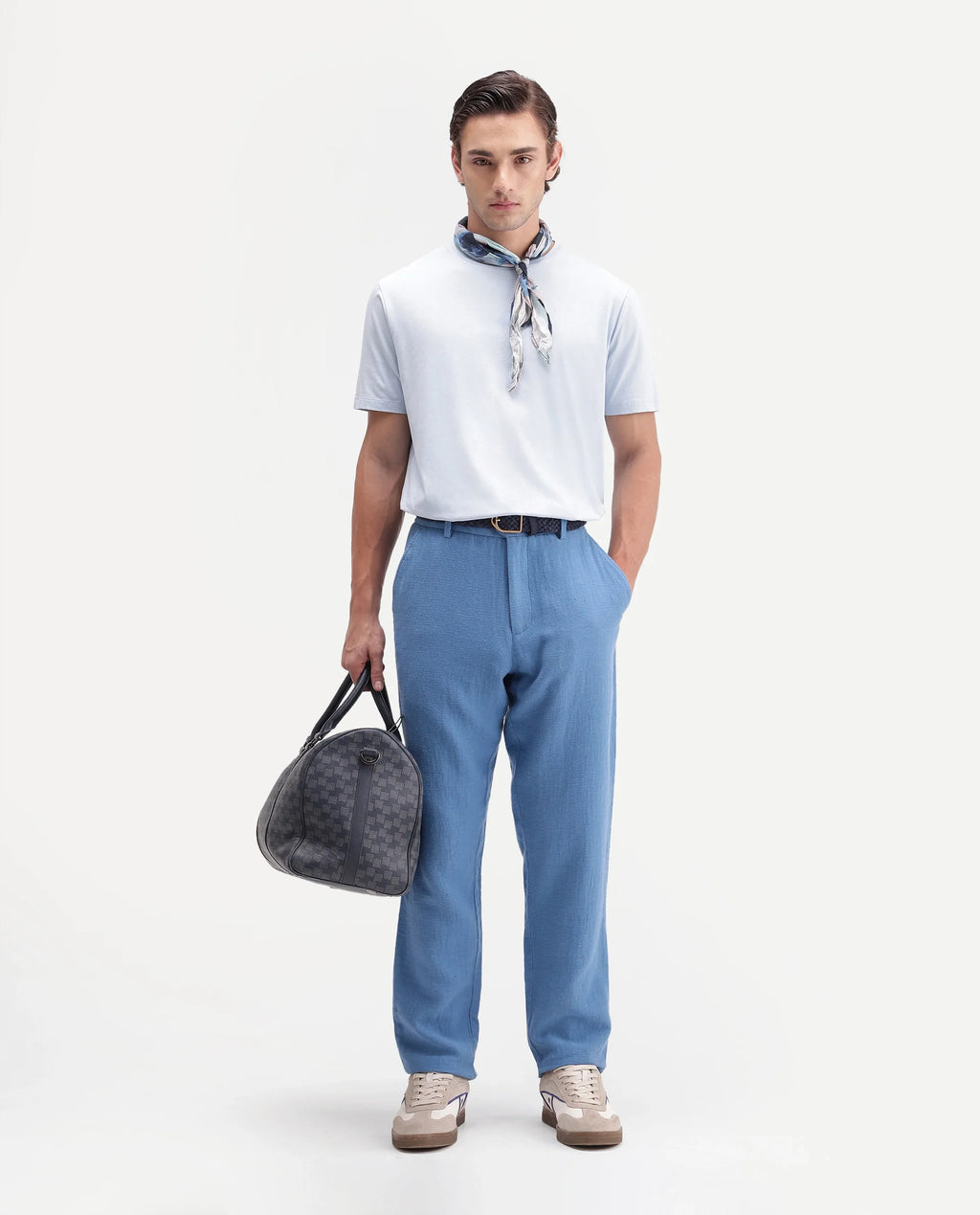 Rare Rabbit Men's Cira-B Blue Cotton Blend Button And Zip Regular Fit Plain Trouser