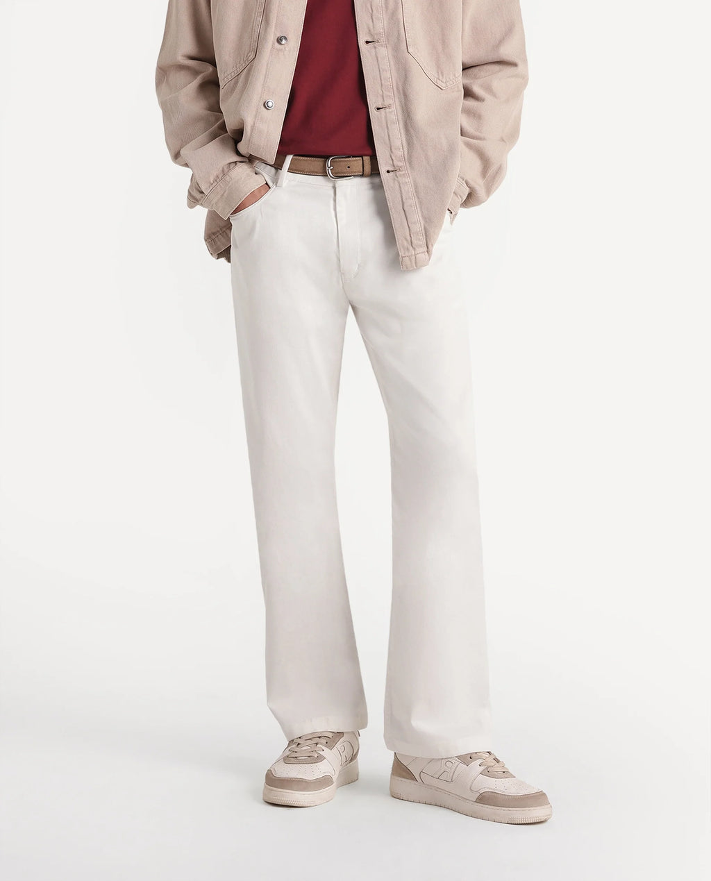 Rare Rabbit Men's Spoke-W White Cotton Blend Button And Zip Wide Leg Fit Plain Trouser