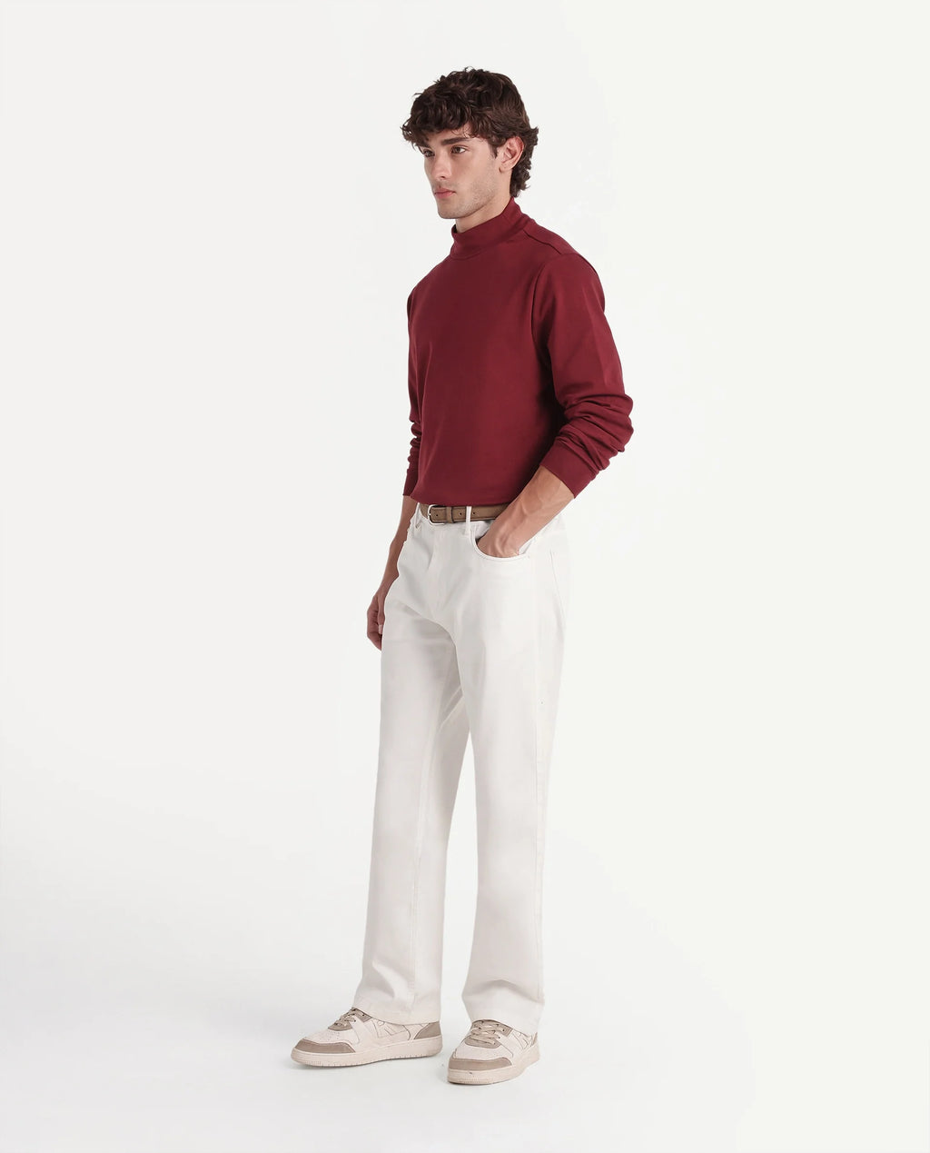 Rare Rabbit Men's Spoke-W White Cotton Blend Button And Zip Wide Leg Fit Plain Trouser