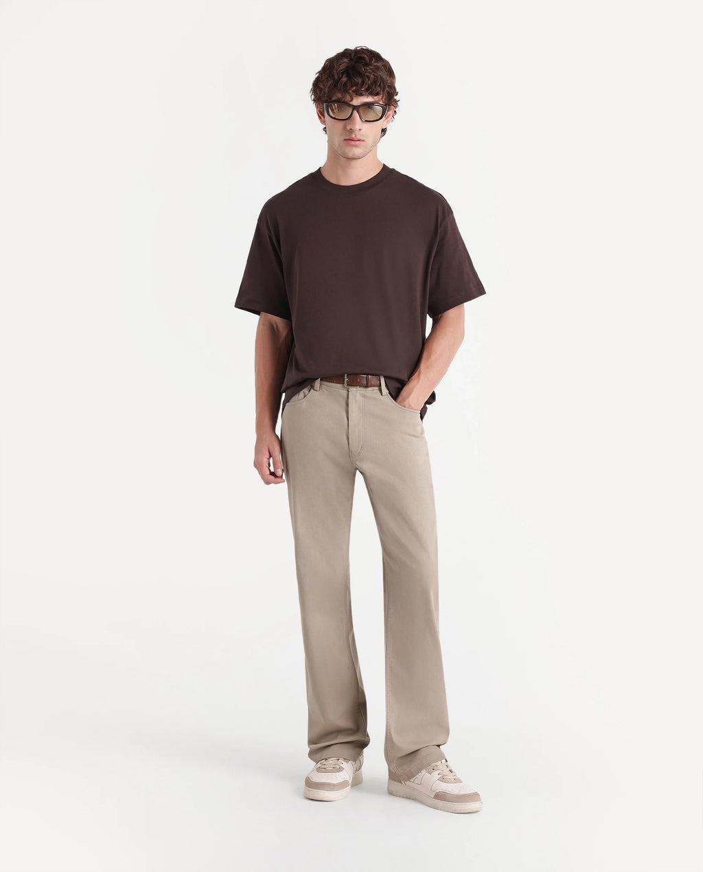 Rare Rabbit Men's Spoke-W Beige Cotton Blend Button And Zip Wide Leg Fit Plain Trouser