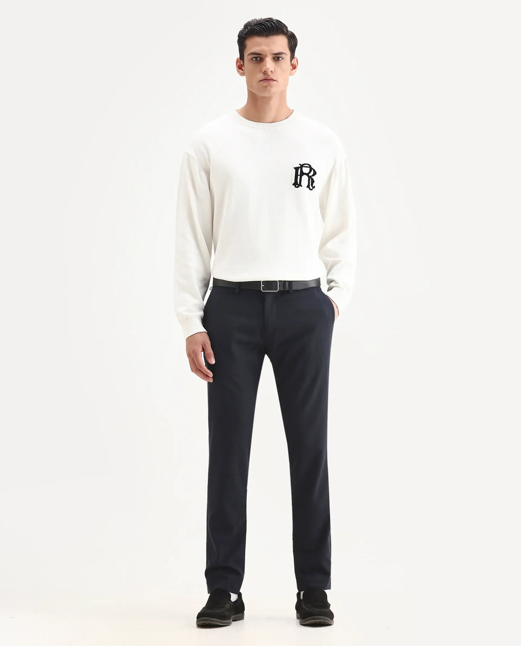 Rare Rabbit Men's Seth Navy Polyester Jacquard Regular Fit Trouser