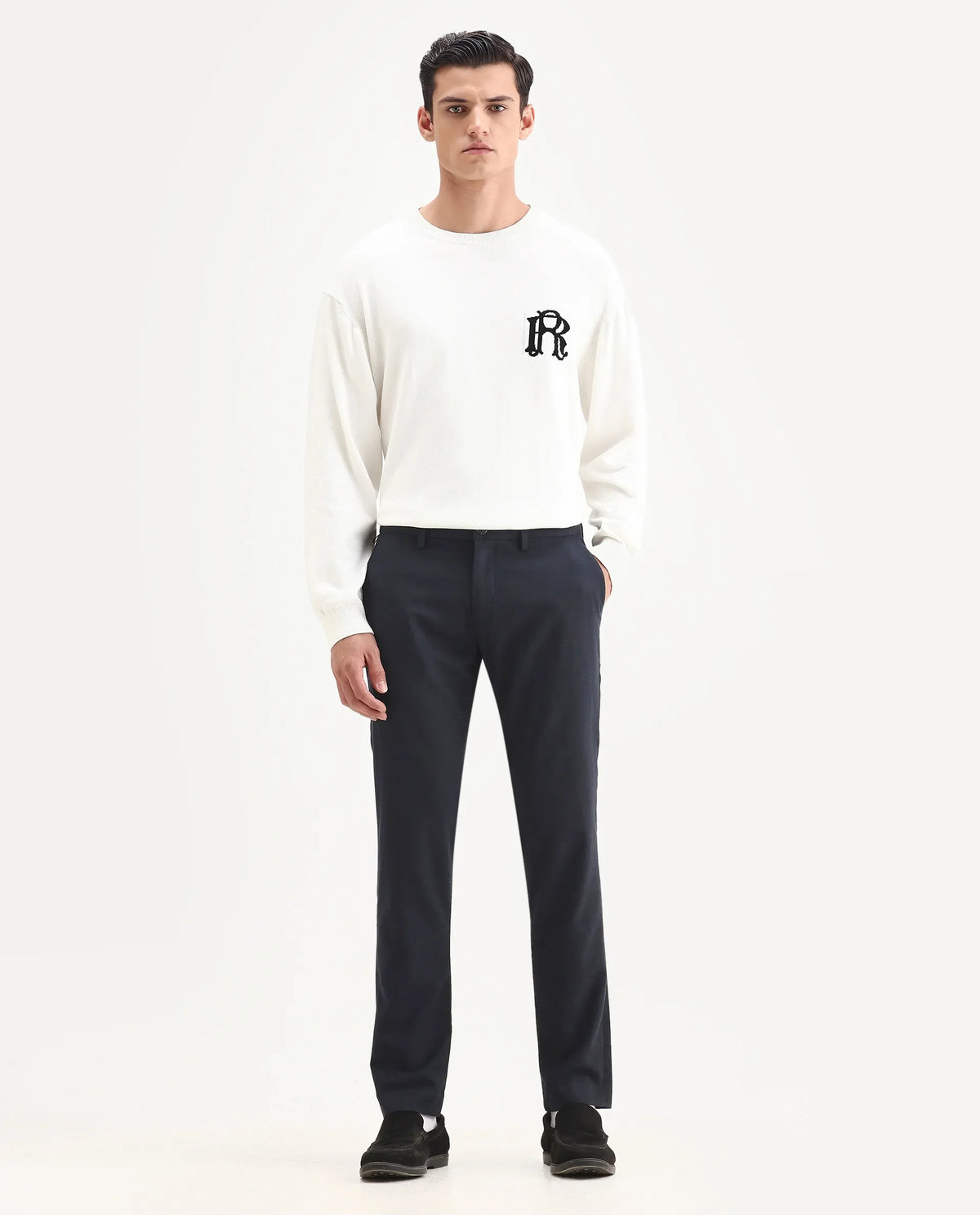 Rare Rabbit Men's Seth Navy Polyester Jacquard Regular Fit Trouser