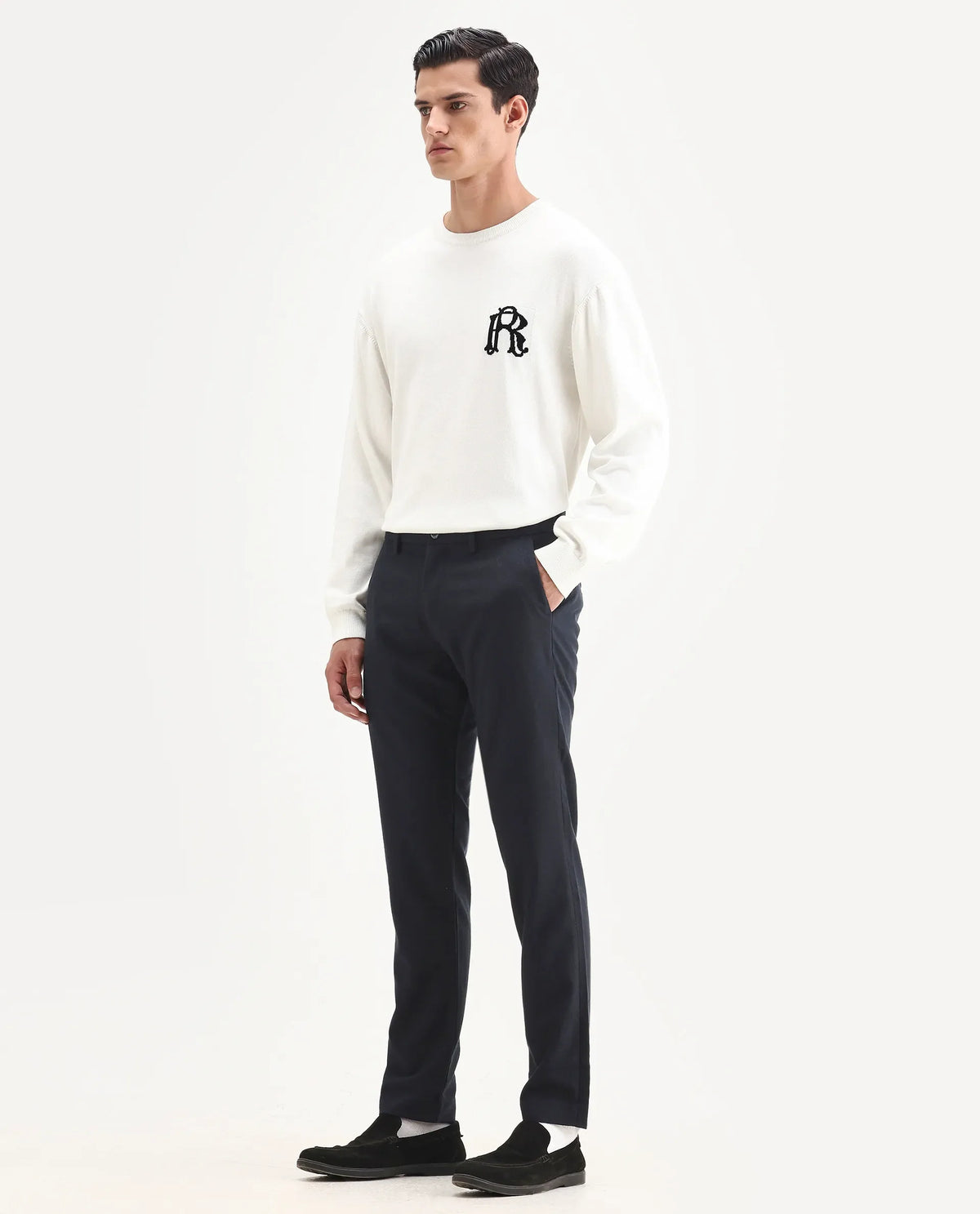 Rare Rabbit Men's Seth Navy Polyester Jacquard Regular Fit Trouser