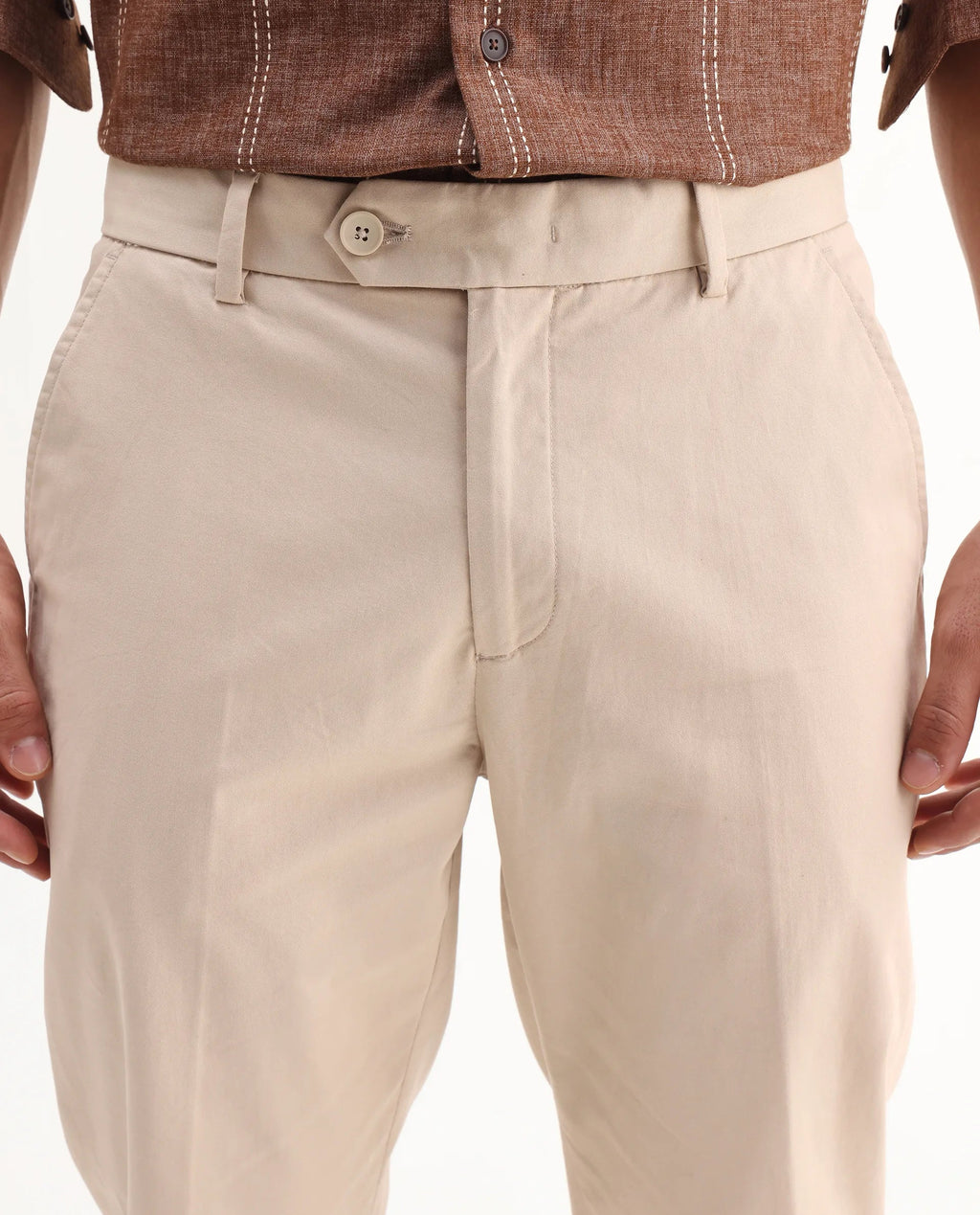Rare Rabbit Men's Smart Beige Cotton Blend Plain Regular Fit Trouser