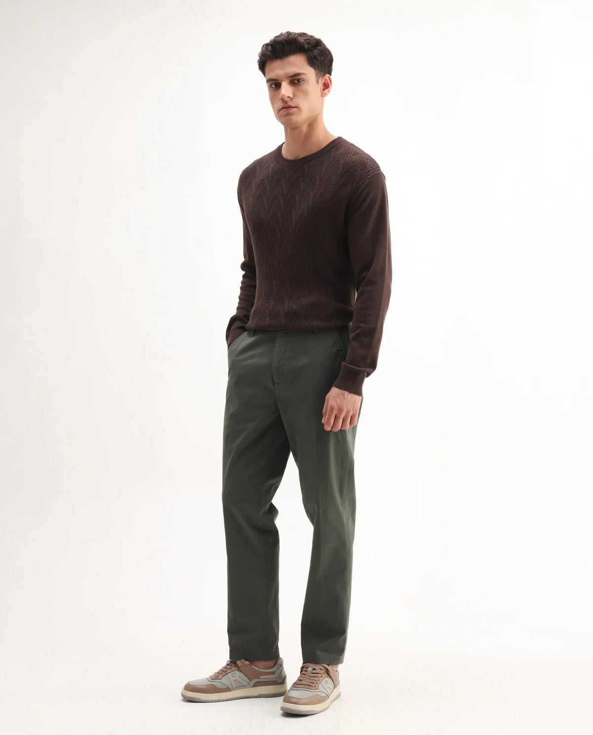 Rare Rabbit Men's Smart Dusky Green Cotton Blend Plain Regular Fit Trouser