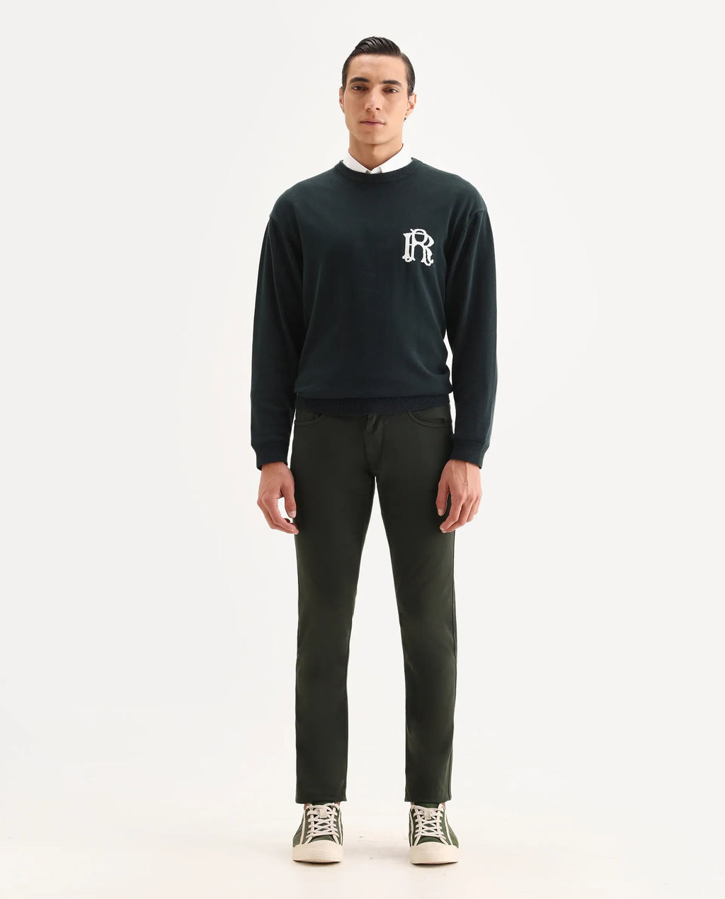 Rare Rabbit Men's Spoke-22 Olive Cotton Plain Regular Fit Trouser