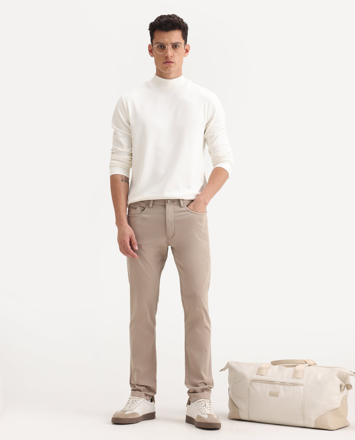 Rare Rabbit Men's Spoke-Aw25 Beige Cotton Blend Plain Regular Fit Trouser