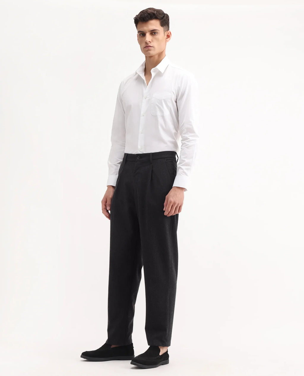 Rare Rabbit Men's Tori Black Polyester Blend Plain Relaxed Fit Trouser