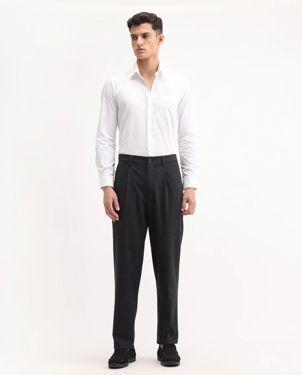 Rare Rabbit Men's Tori Black Polyester Blend Plain Relaxed Fit Trouser