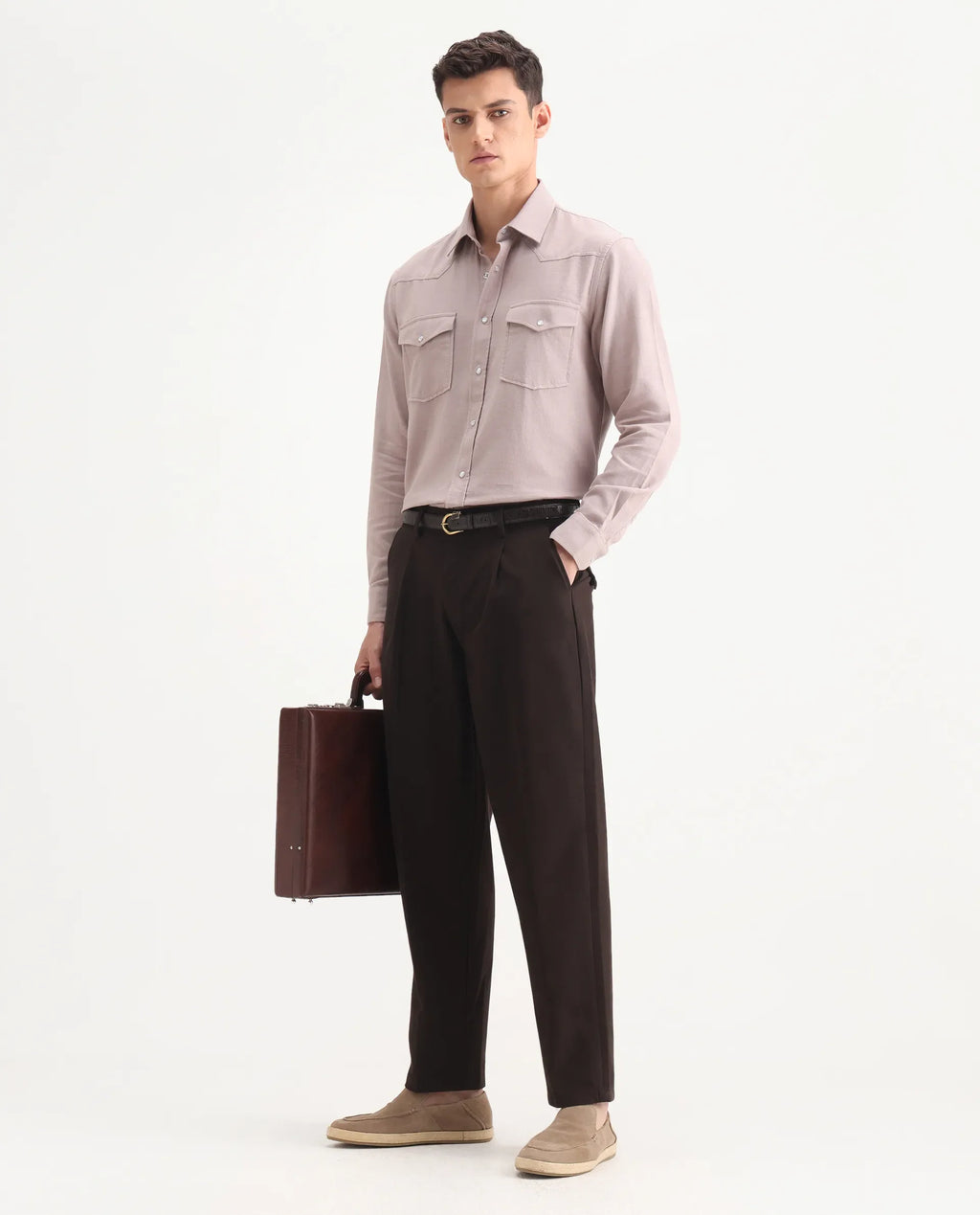 Rare Rabbit Men's Tori Dark Brown Polyester Blend Plain Relaxed Fit Trouser