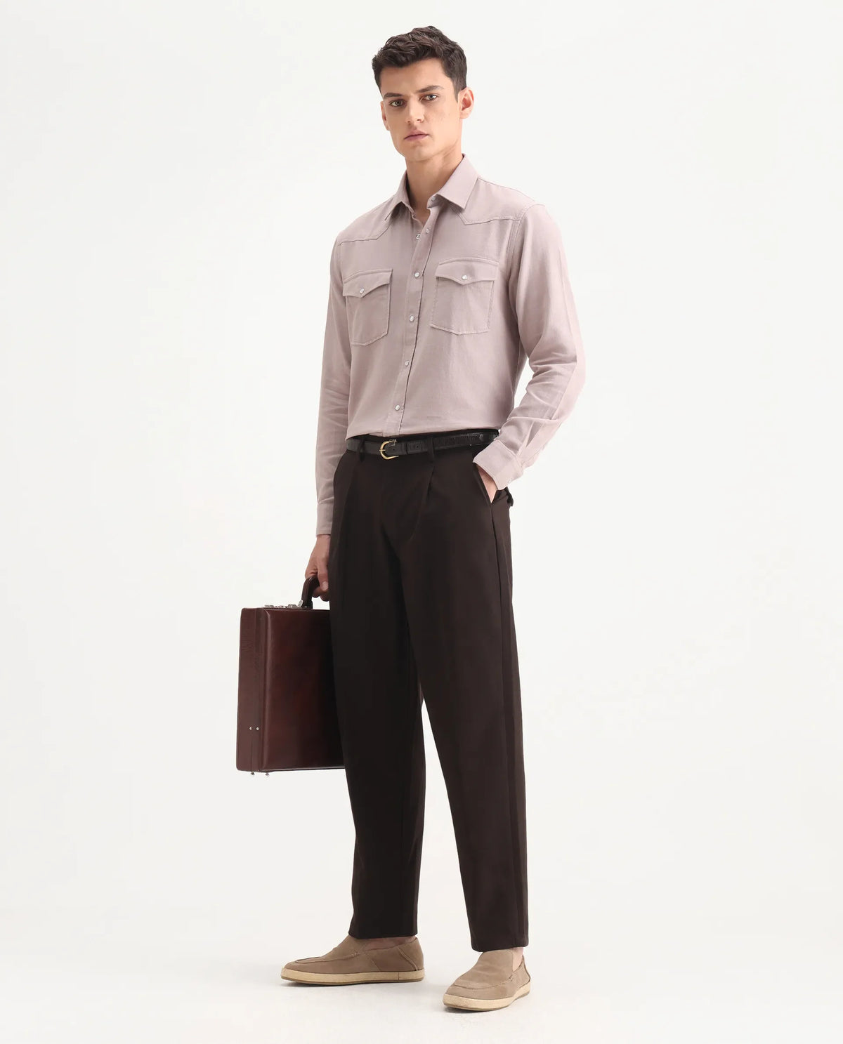 Rare Rabbit Men's Tori Dark Brown Polyester Blend Plain Relaxed Fit Trouser