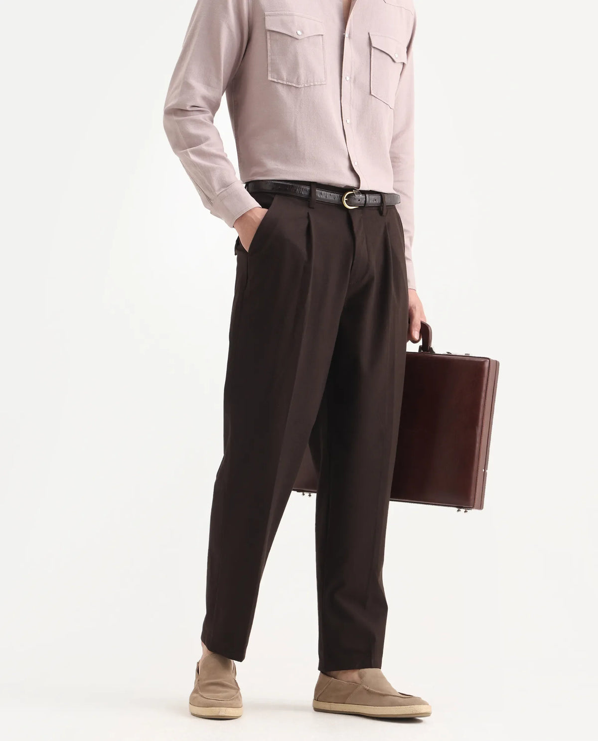 Rare Rabbit Men's Tori Dark Brown Polyester Blend Plain Relaxed Fit Trouser
