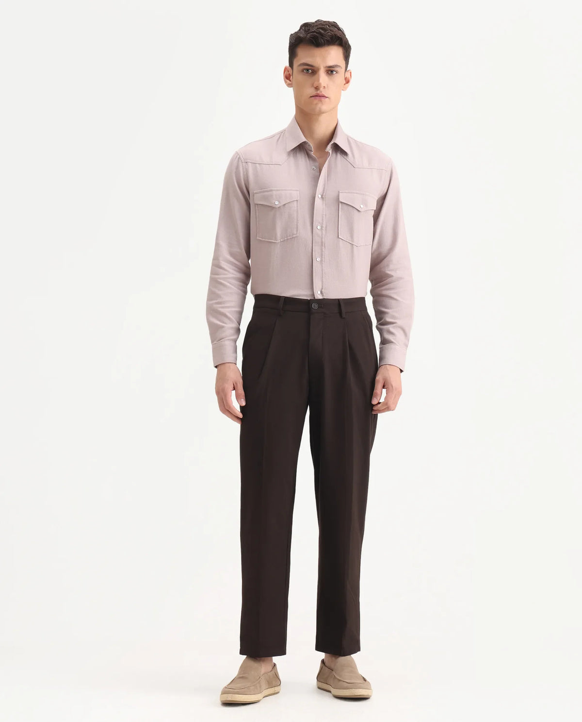 Rare Rabbit Men's Tori Dark Brown Polyester Blend Plain Relaxed Fit Trouser