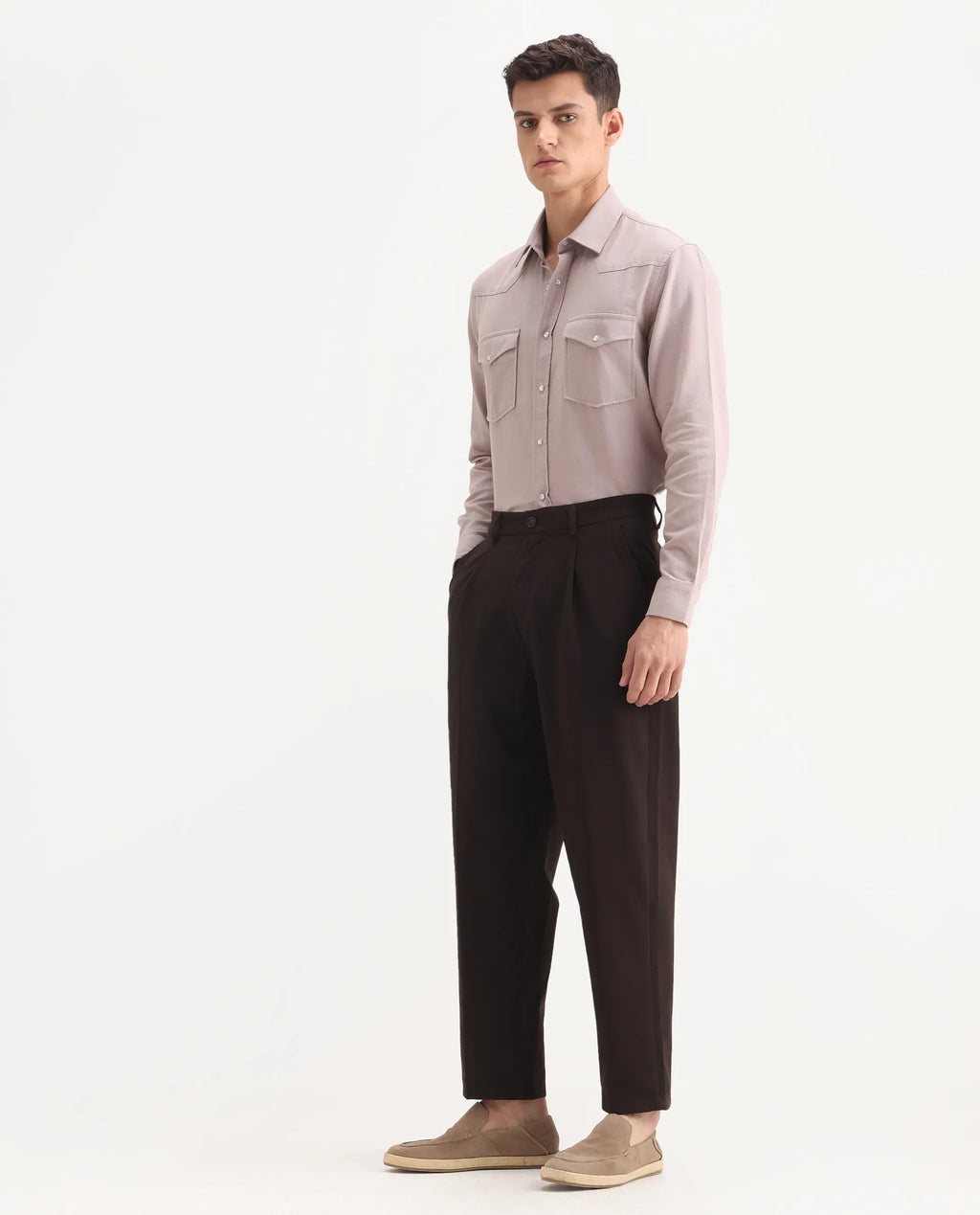Rare Rabbit Men's Tori Dark Brown Polyester Blend Plain Relaxed Fit Trouser
