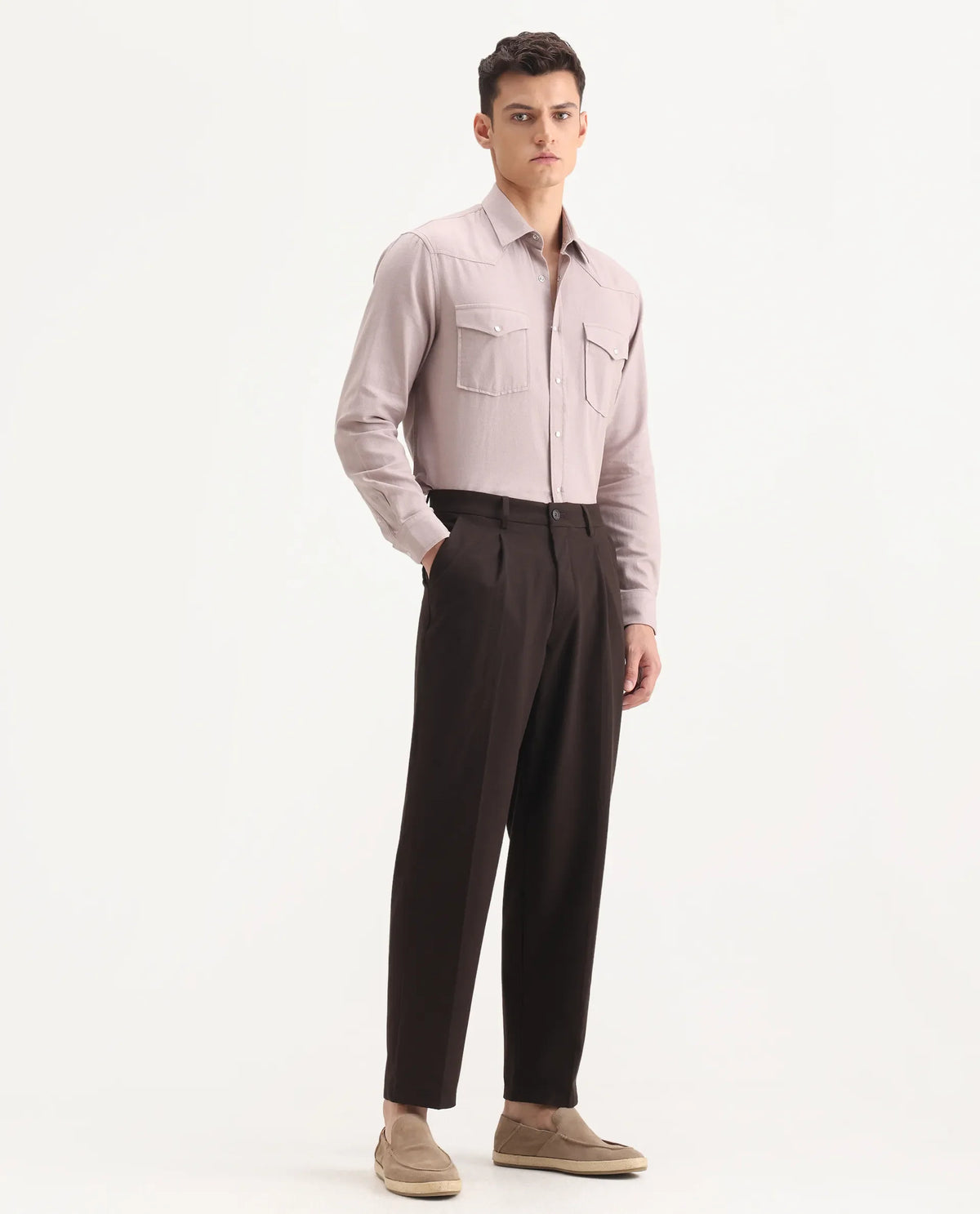 Rare Rabbit Men's Tori Dark Brown Polyester Blend Plain Relaxed Fit Trouser