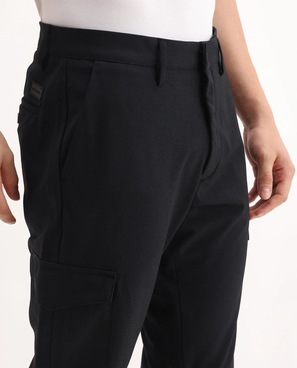 Rare Rabbit Men's Traco Black Polyester Blend Plain Regular Fit Trouser