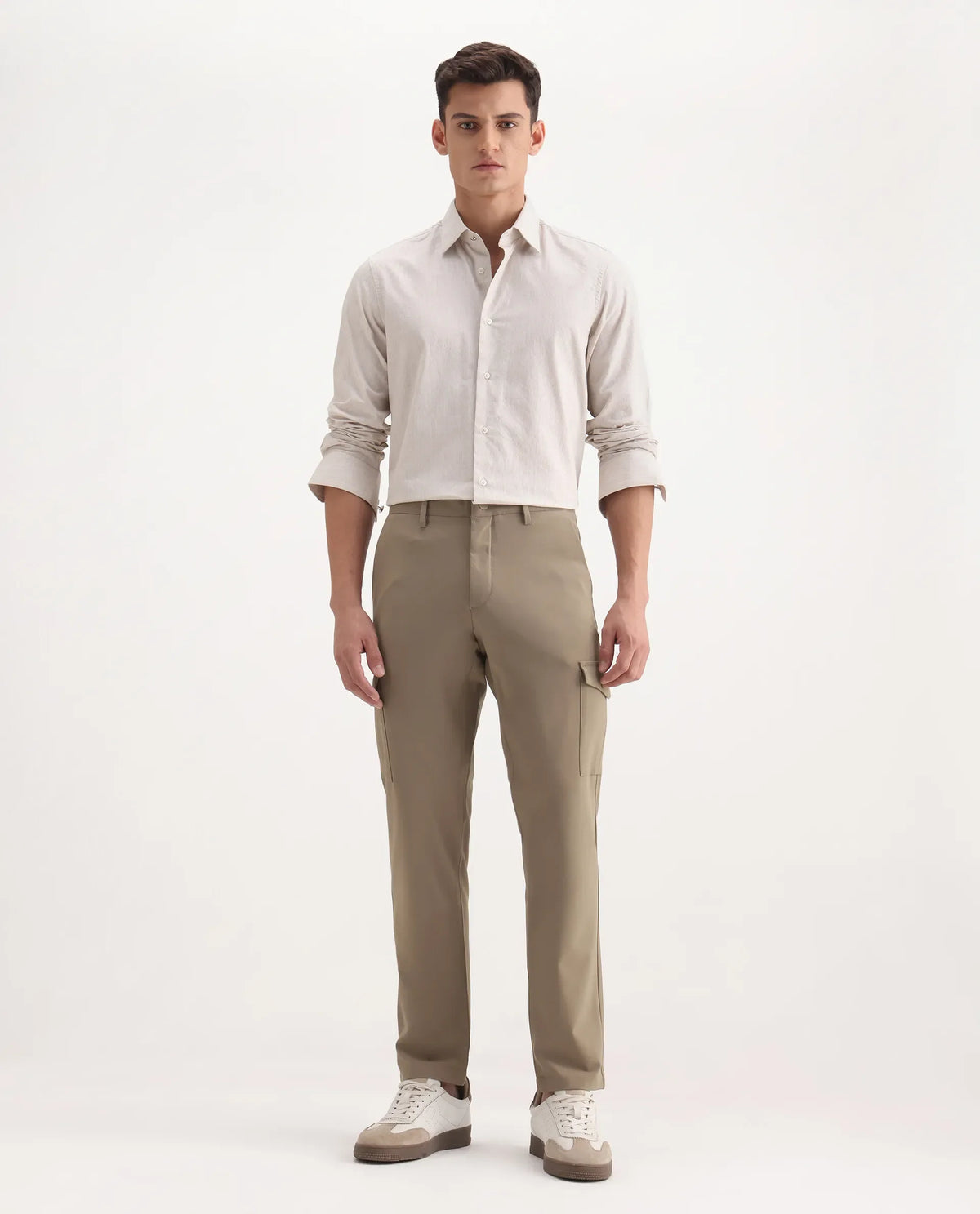 Rare Rabbit Men's Traco Dark Beige Polyester Blend Plain Regular Fit Trouser