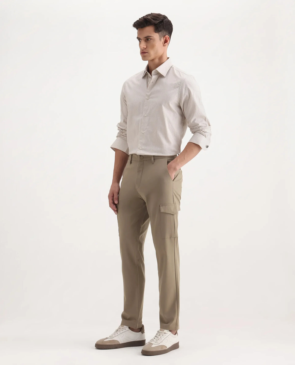 Rare Rabbit Men's Traco Dark Beige Polyester Blend Plain Regular Fit Trouser