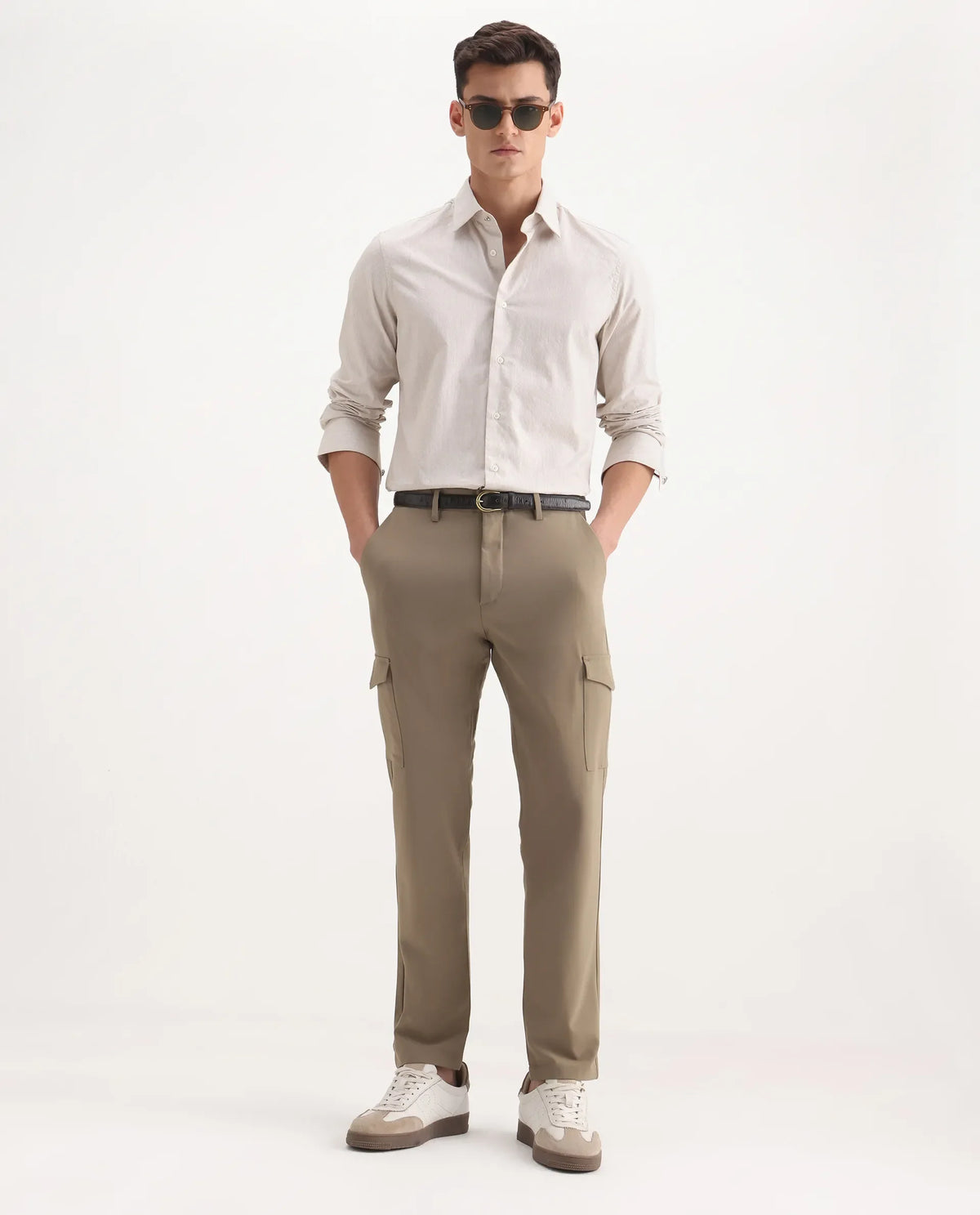 Rare Rabbit Men's Traco Dark Beige Polyester Blend Plain Regular Fit Trouser