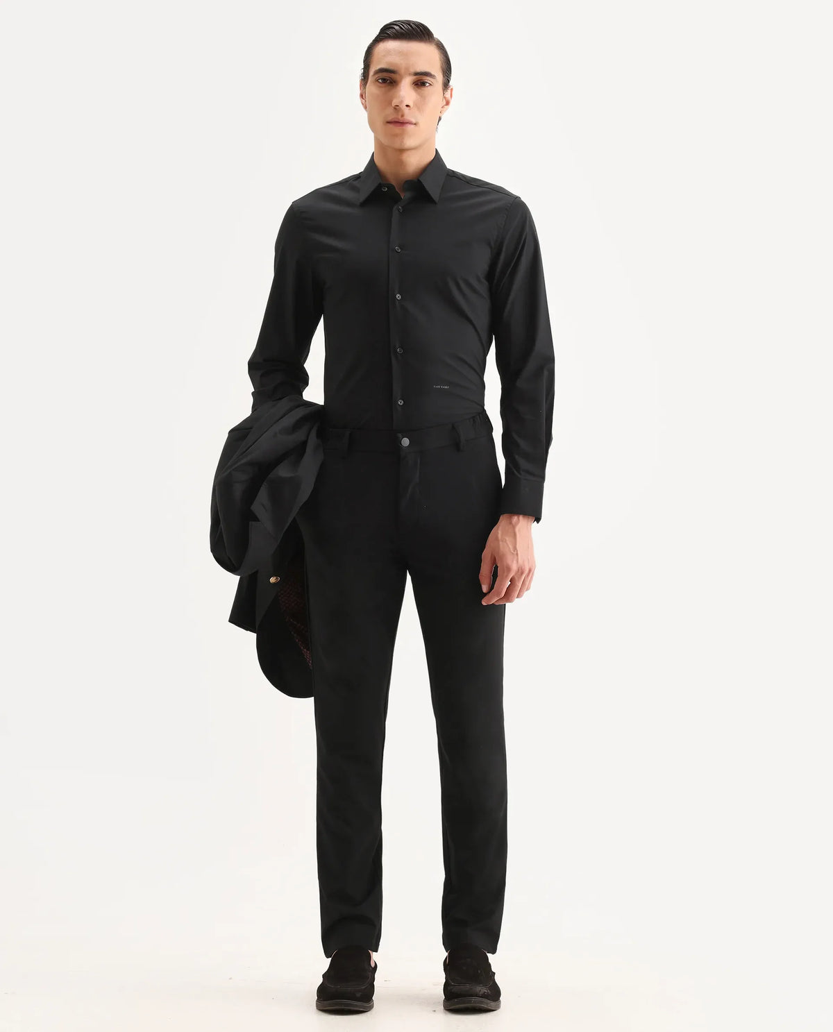 Rare Rabbit Men's Travel-11 Black Polyester Blend Plain Regular Fit Trouser