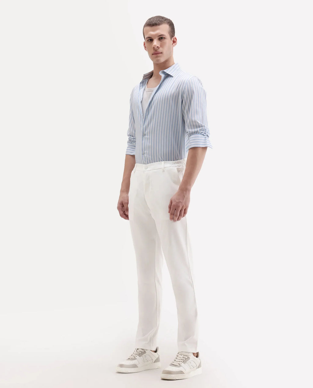 Rare Rabbit Men's Travel-11 White Polyester Blend Plain Regular Fit Trouser