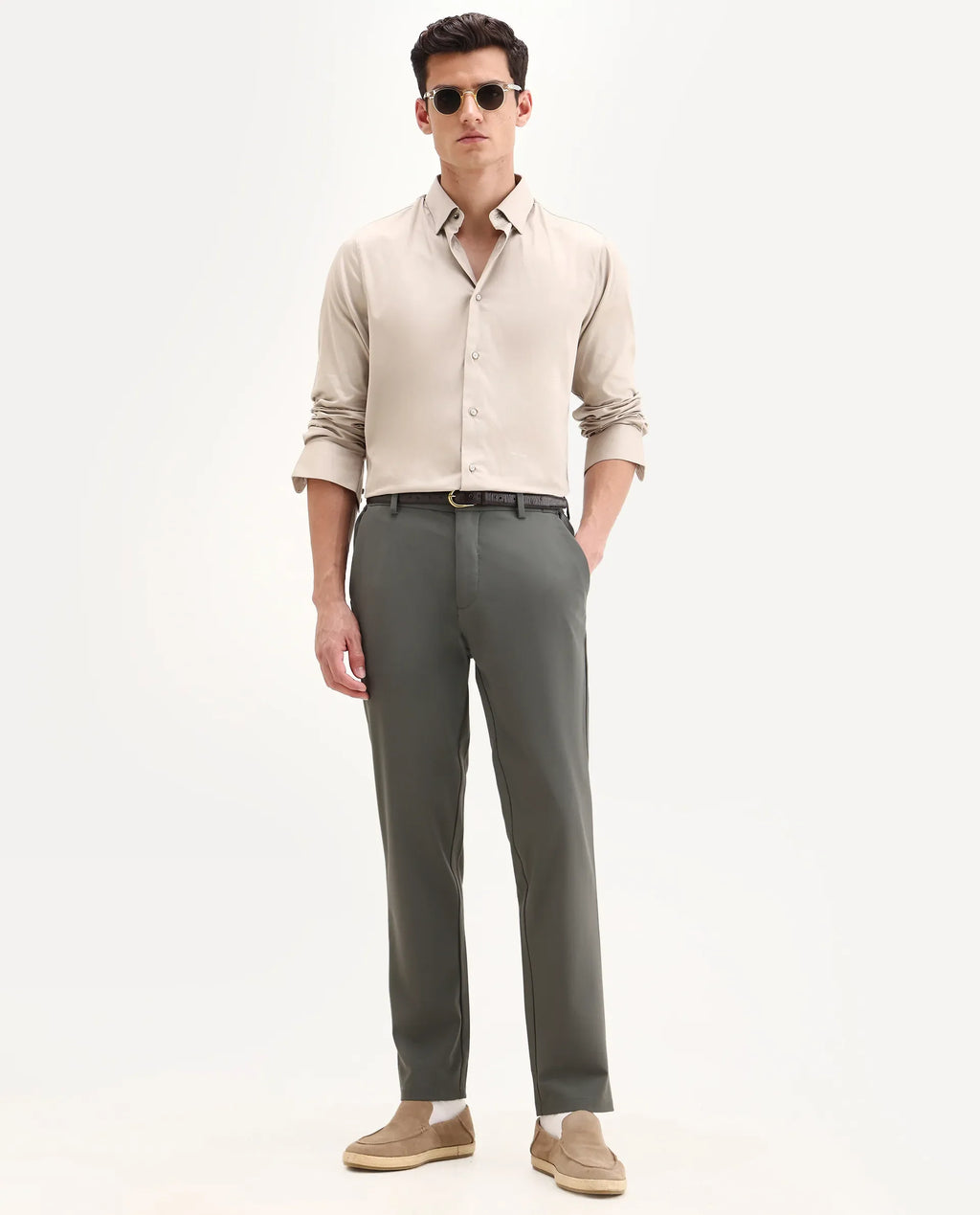 Rare Rabbit Men's Travel-26 Olive Polyester Blend Plain Regular Fit Trouser