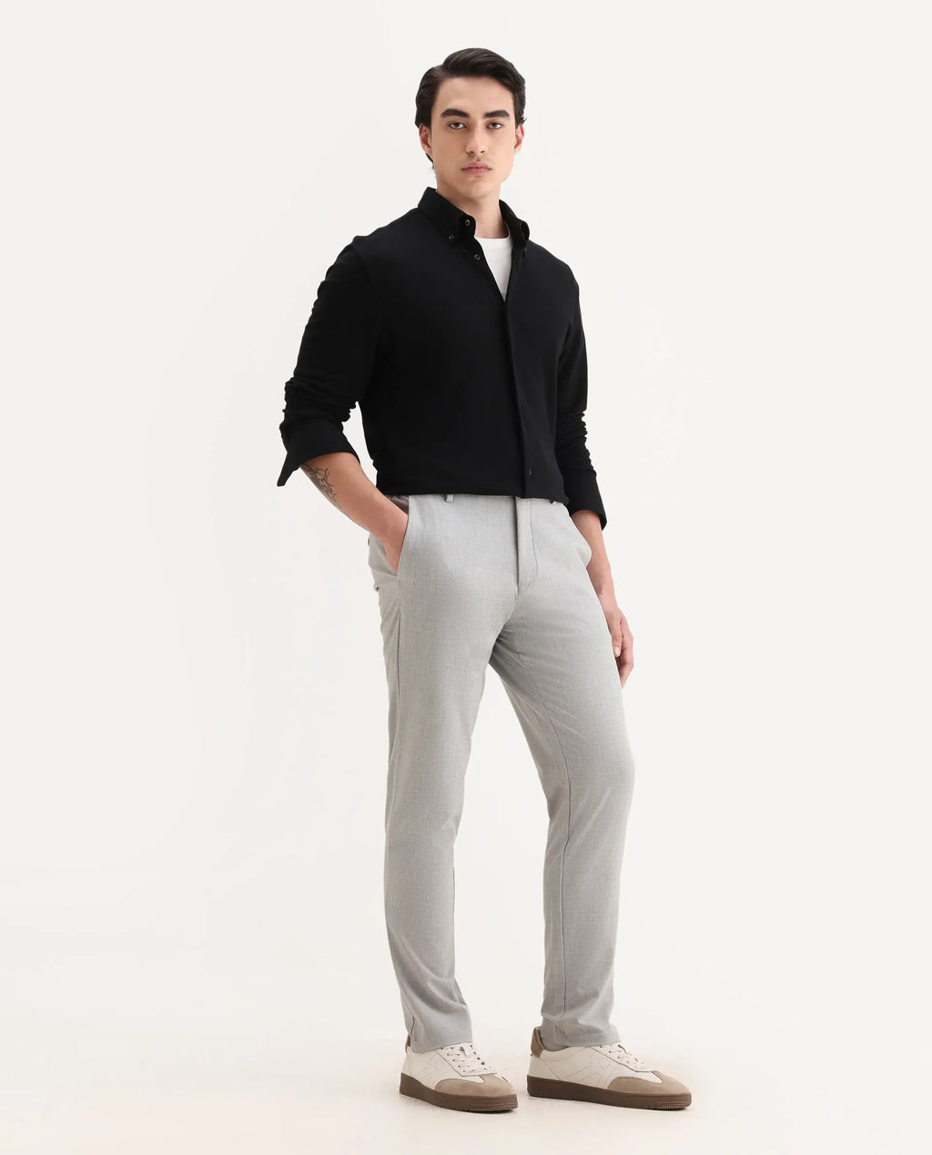 Rare Rabbit Men's Travel-26R Grey Polyester Blend Plain Regular Fit Trouser