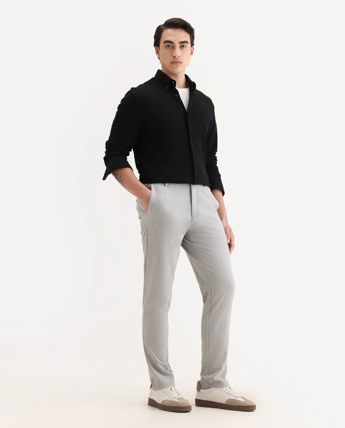 Rare Rabbit Men's Travel-26R Grey Polyester Blend Plain Regular Fit Trouser