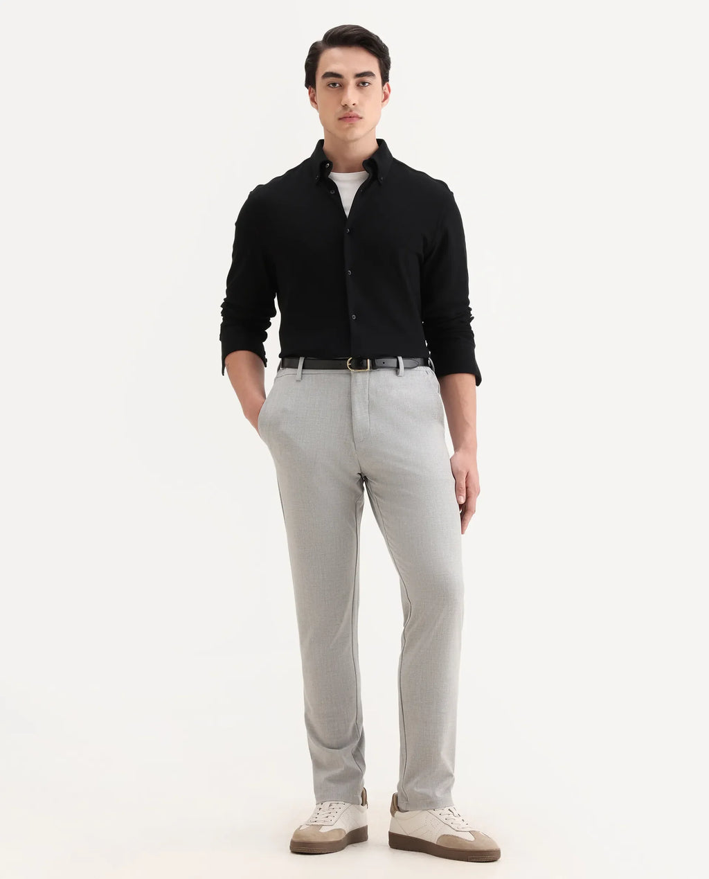 Rare Rabbit Men's Travel-26R Grey Polyester Blend Plain Regular Fit Trouser