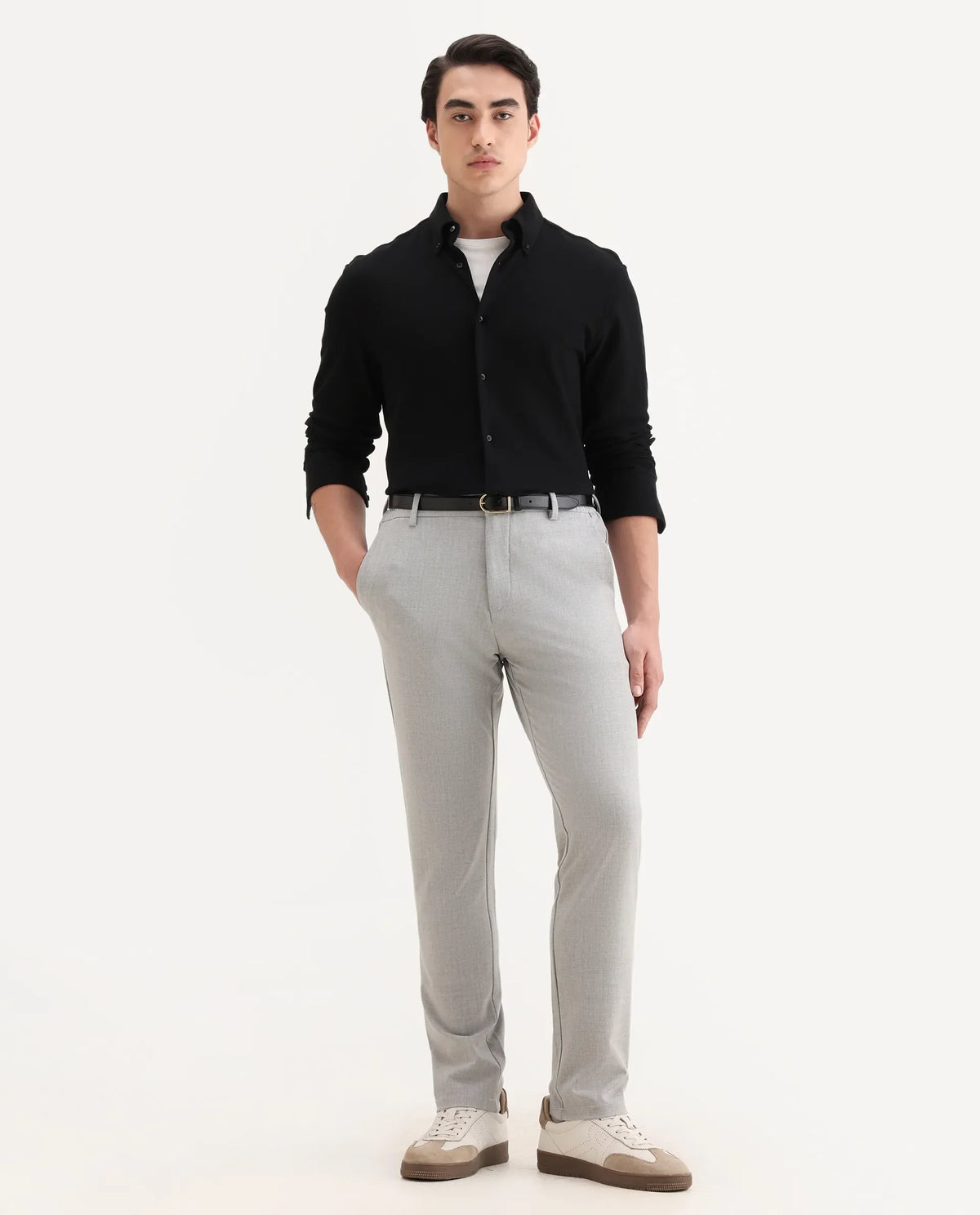 Rare Rabbit Men's Travel-26R Grey Polyester Blend Plain Regular Fit Trouser