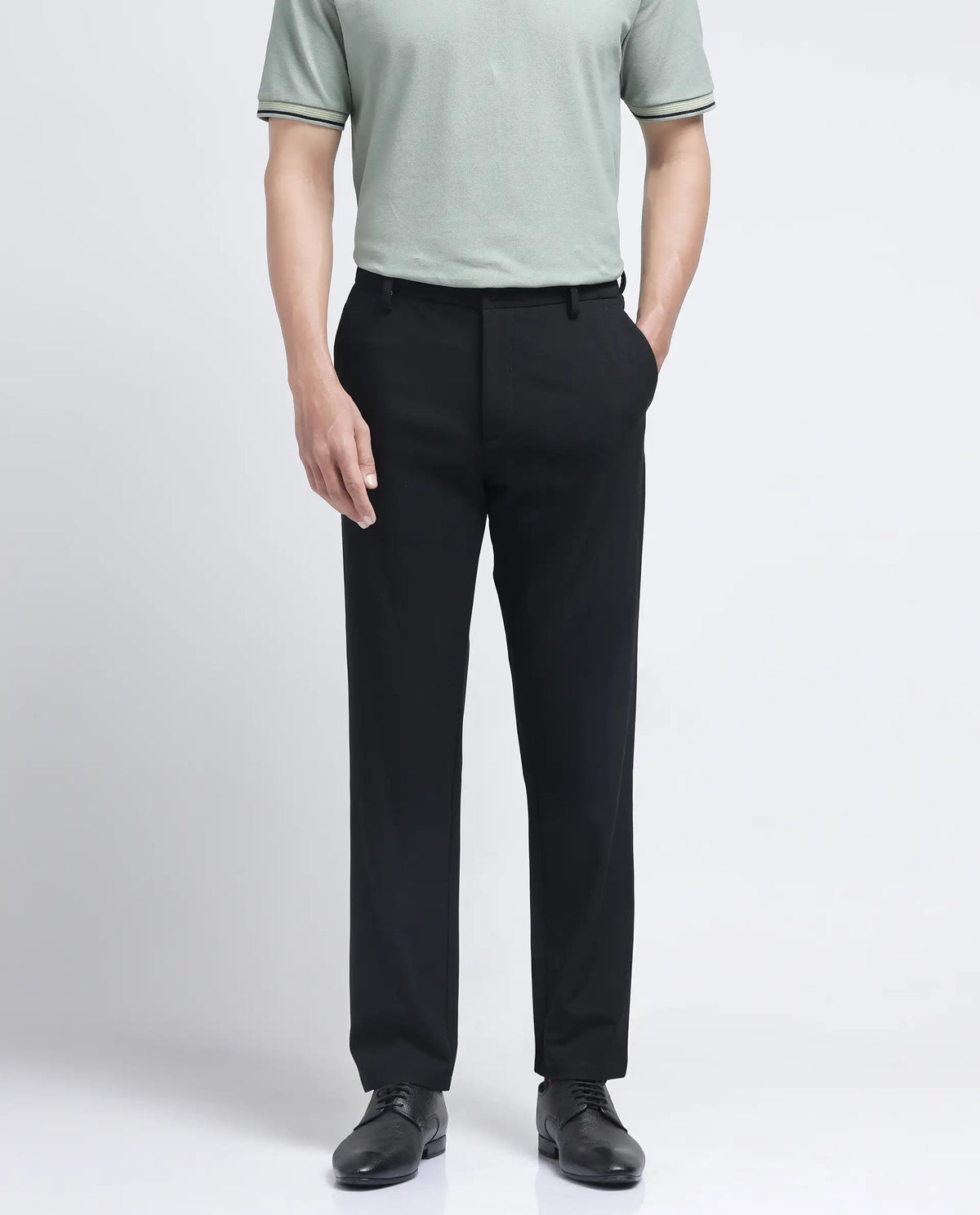 Rare Rabbit Men's Travel-26R Black Polyester Blend Plain Regular Fit Trouser