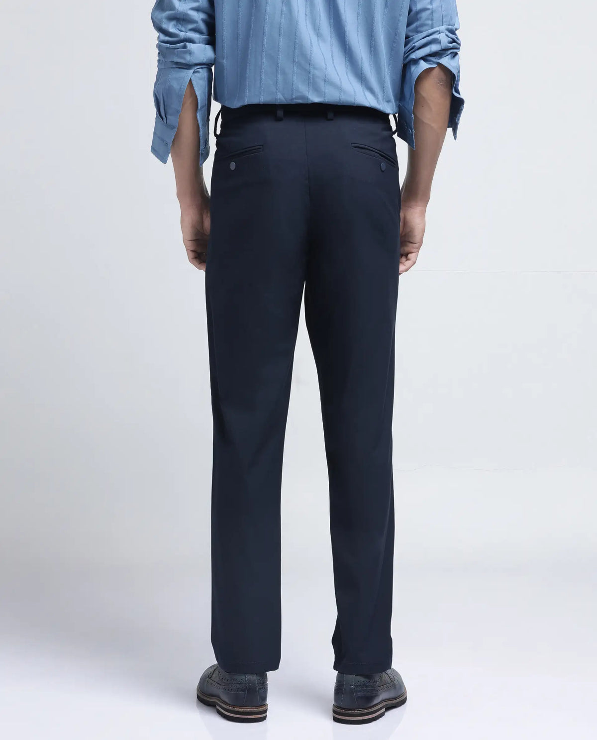 Rare Rabbit Men's Travel-26R Navy Polyester Blend Plain Regular Fit Trouser