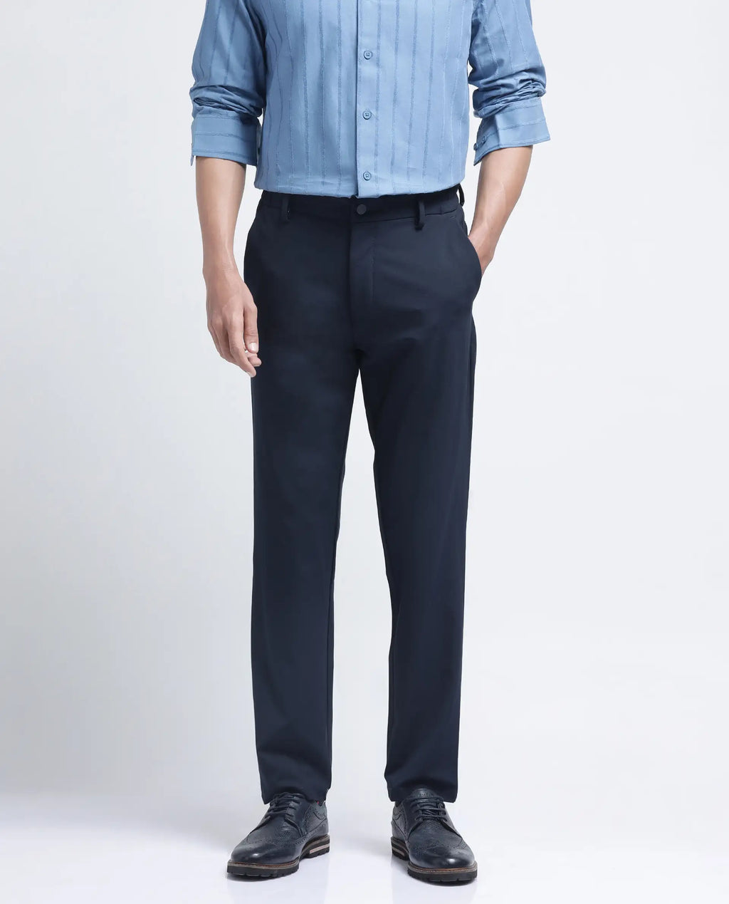 Rare Rabbit Men's Travel-26R Navy Polyester Blend Plain Regular Fit Trouser