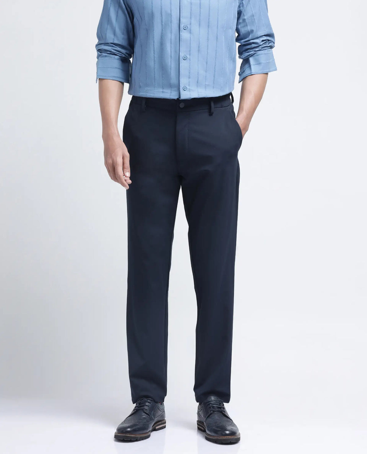 Rare Rabbit Men's Travel-26R Navy Polyester Blend Plain Regular Fit Trouser